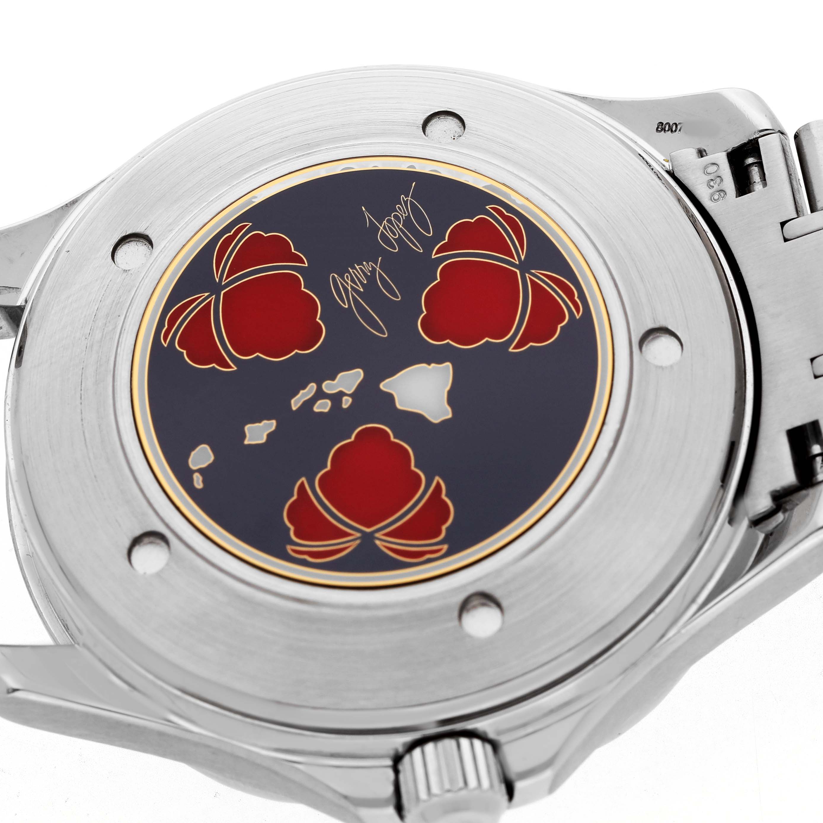 The image shows the case back of the Omega Seamaster 2536.50.00 Men's Stainless Steel Black Dial watch, featuring a decorative emblem and a portion of the bracelet.