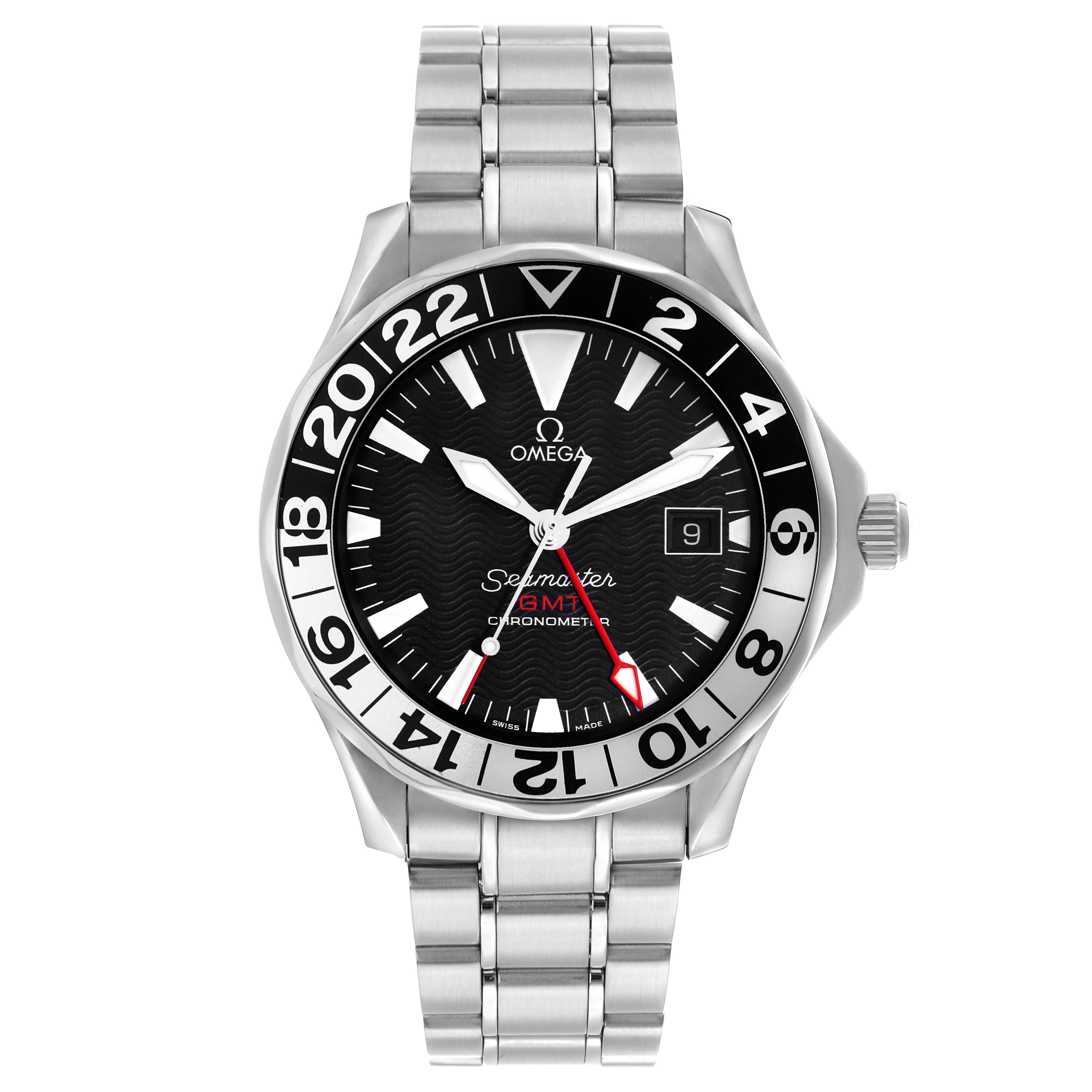 The Omega Seamaster 2536.50.00 Men's Stainless Steel Black Dial watch is shown face-on, displaying its bezel, dial, hands, and bracelet clearly.