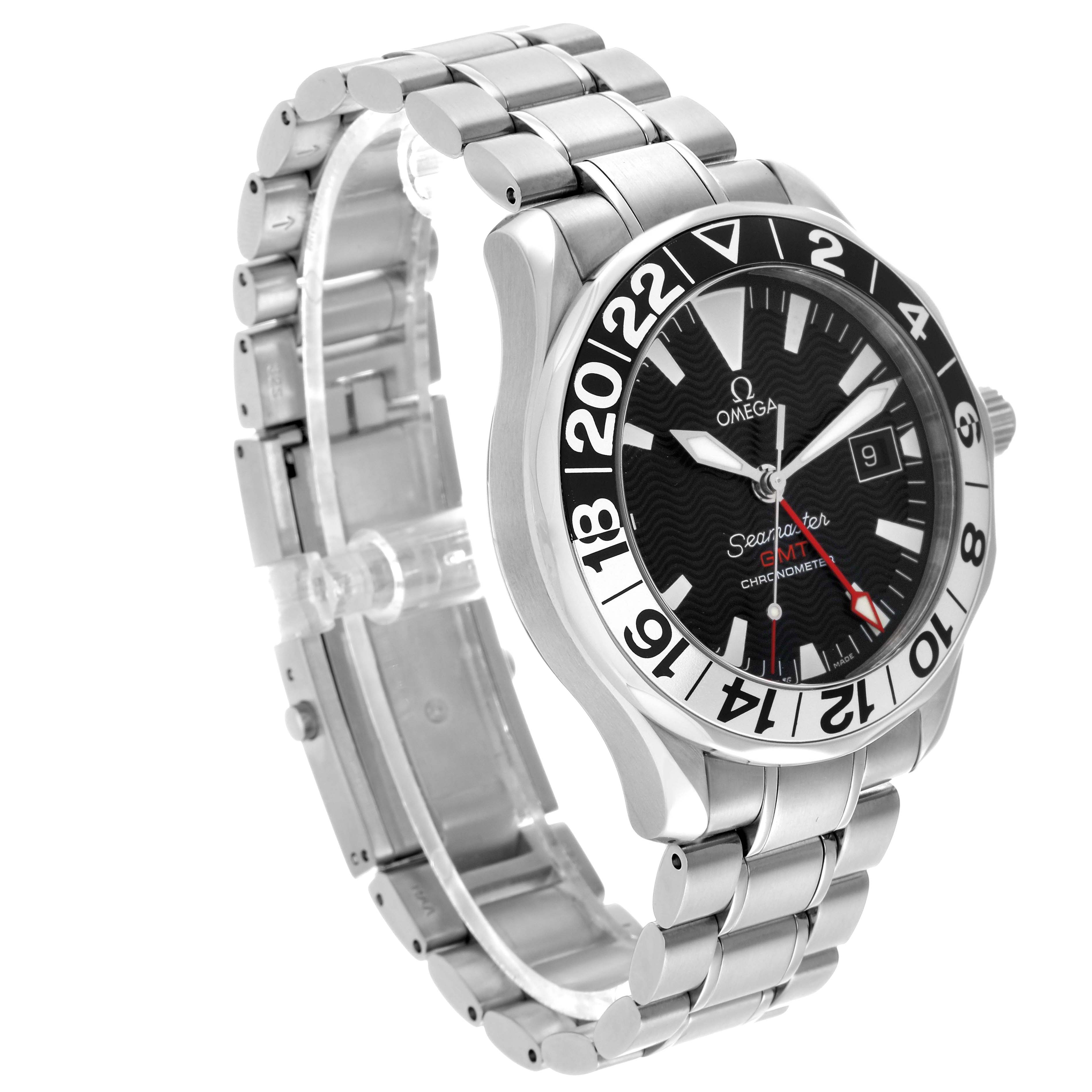 The Omega Seamaster 2536.50.00 Men's Stainless Steel Black Dial is shown at a three-quarter angle, highlighting the dial, bezel, and bracelet.