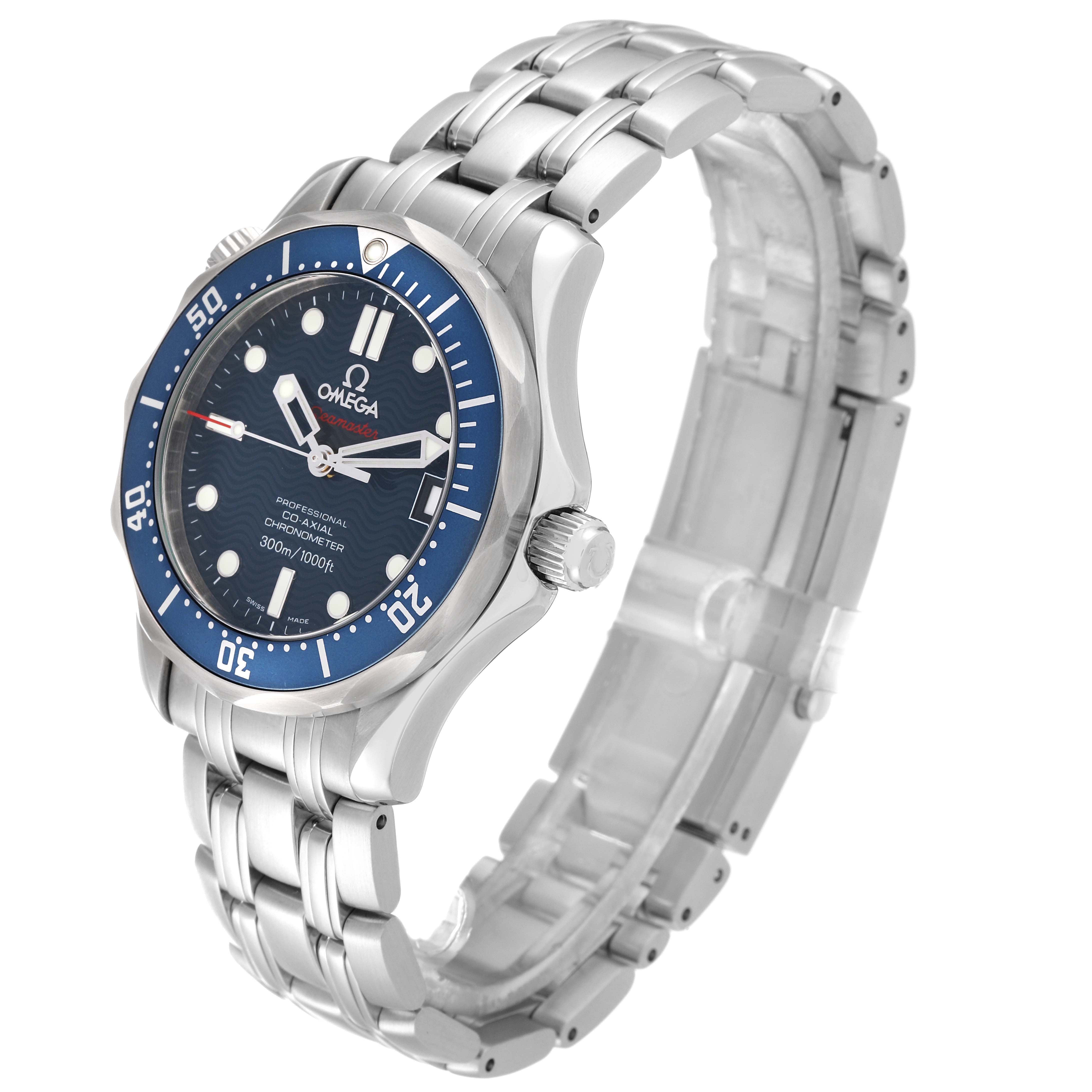 The Omega Seamaster 2222.80.00 Men
s Stainless Steel Blue Dial 2222.80.00 Men
s Stainless Steel Blue Dial watch is shown at a slight angle, displaying its face, bezel, crown, and bracelet clearly.
