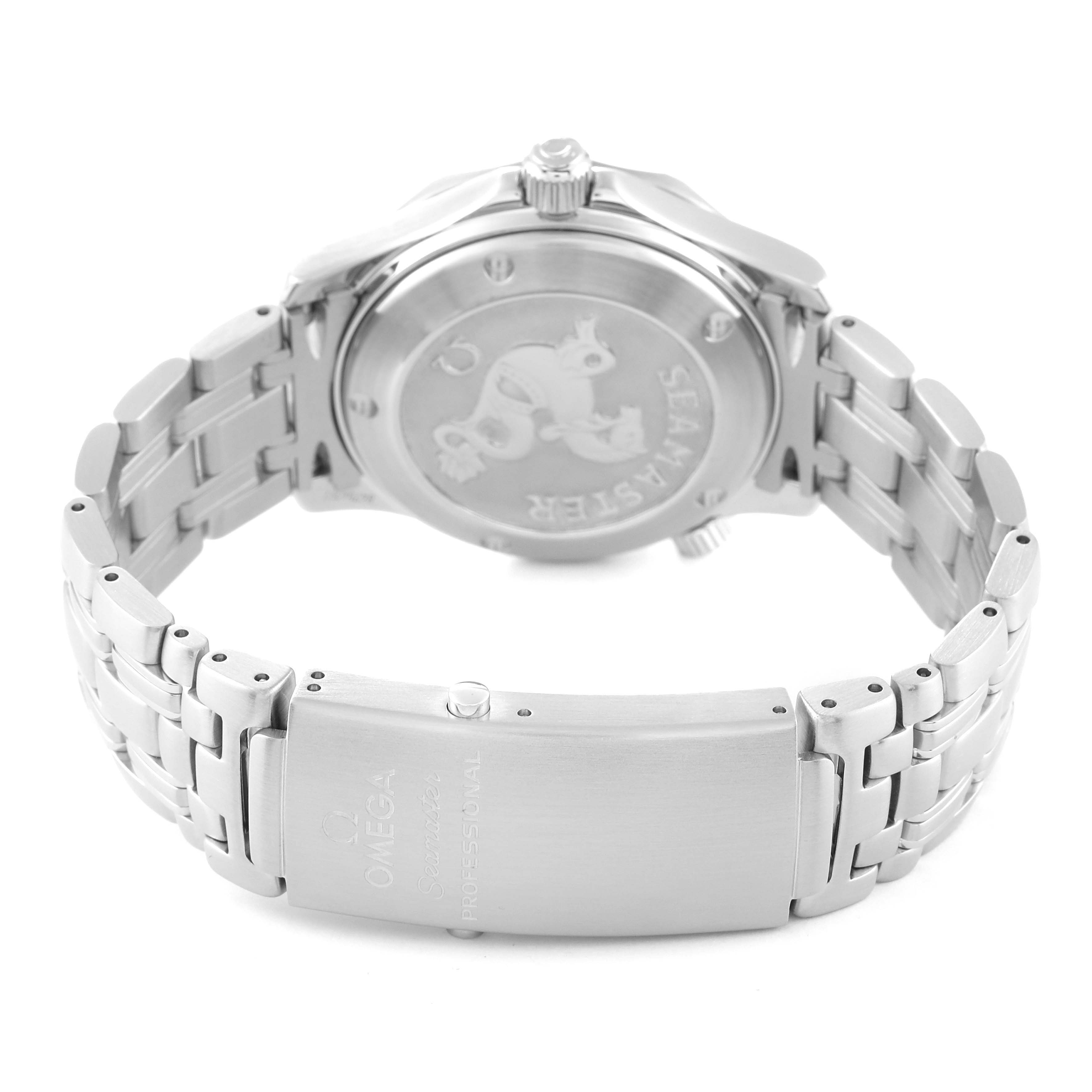 The image shows the back and bracelet of the Omega Seamaster 2222.80.00 Men
s Stainless Steel Blue Dial 2222.80.00 Men
s Stainless Steel Blue Dial watch, focusing on the engraved case back and clasp.