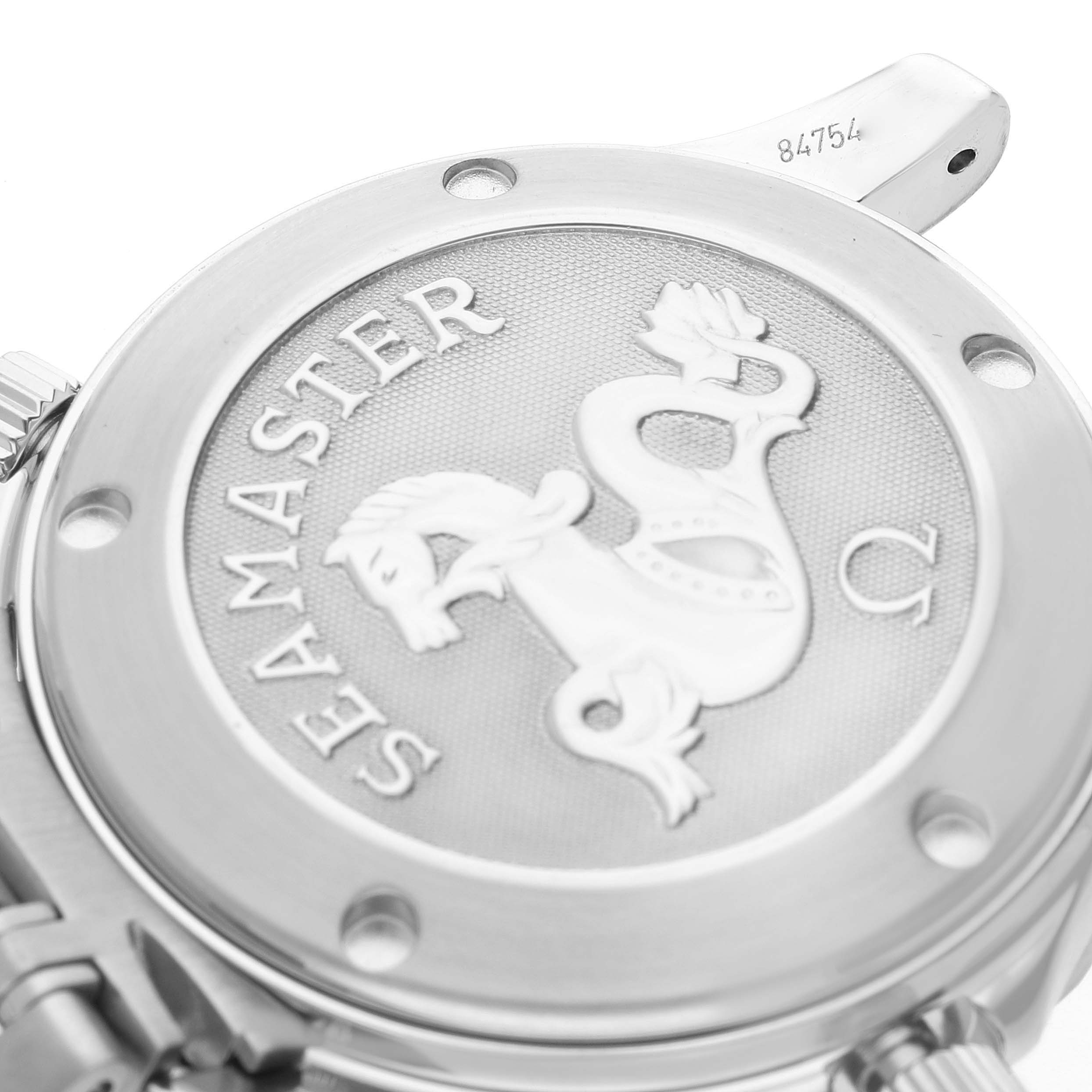 The image shows the case back of the Omega Seamaster 2222.80.00 Men
s Stainless Steel Blue Dial 2222.80.00 Men
s Stainless Steel Blue Dial watch, including the engraved logo and text.