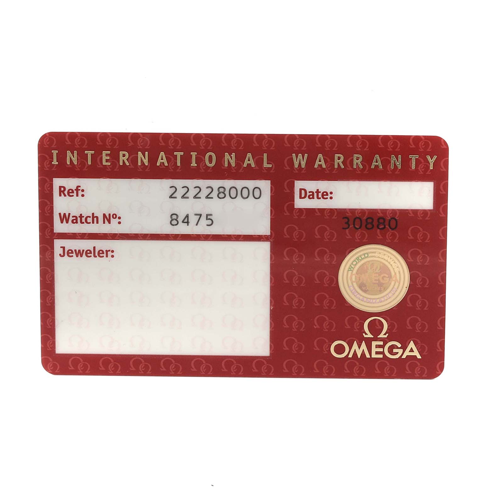 This image shows the International Warranty card for the Omega Seamaster 2222.80.00 Men
s Stainless Steel Blue Dial 2222.80.00 Men
s Stainless Steel Blue Dial watch model.
