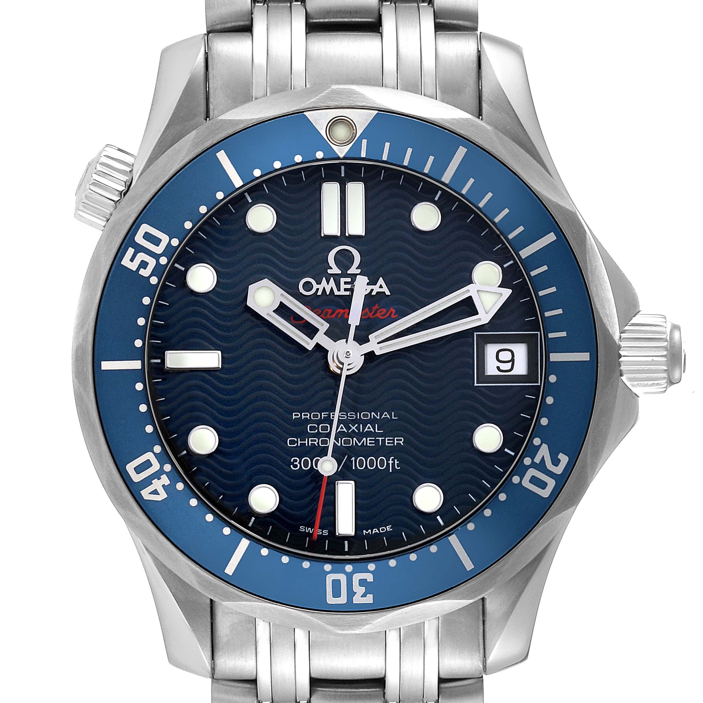 The image shows a front view of an Omega Seamaster 2222.80.00 Men
s Stainless Steel Blue Dial 2222.80.00 Men
s Stainless Steel Blue Dial watch, highlighting its blue dial, bezel, and stainless steel bracelet.