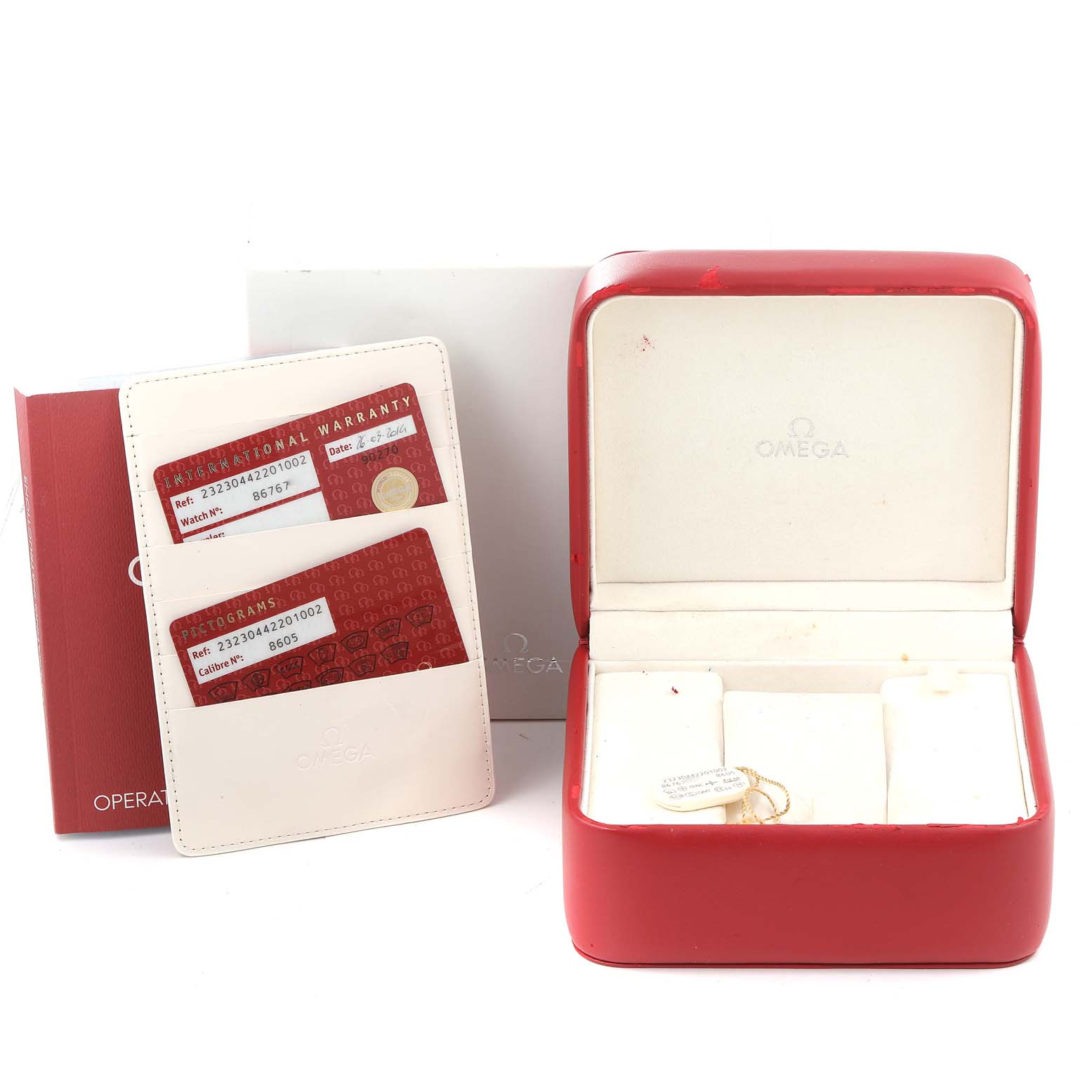 This image shows the Omega Planet Ocean 232.30.44.22.01.002 Men
s Stainless Steel Black Dial 232.30.44.22.01.002 Men
s Stainless Steel Black Dial watch box, warranty cards, and documentation from a front angle.