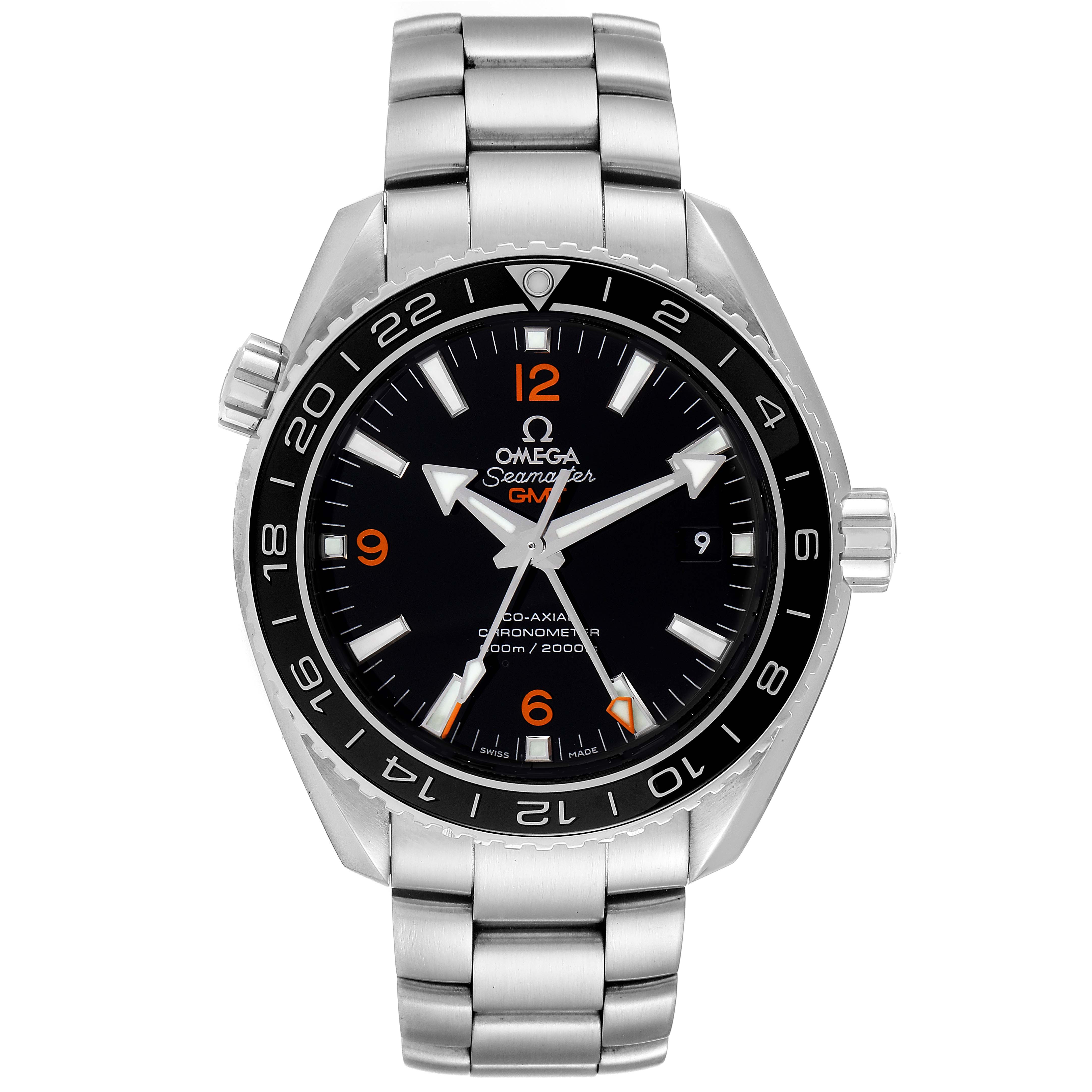 The image shows a front view of an Omega Seamaster Planet Ocean watch, displaying the dial and stainless steel bracelet.