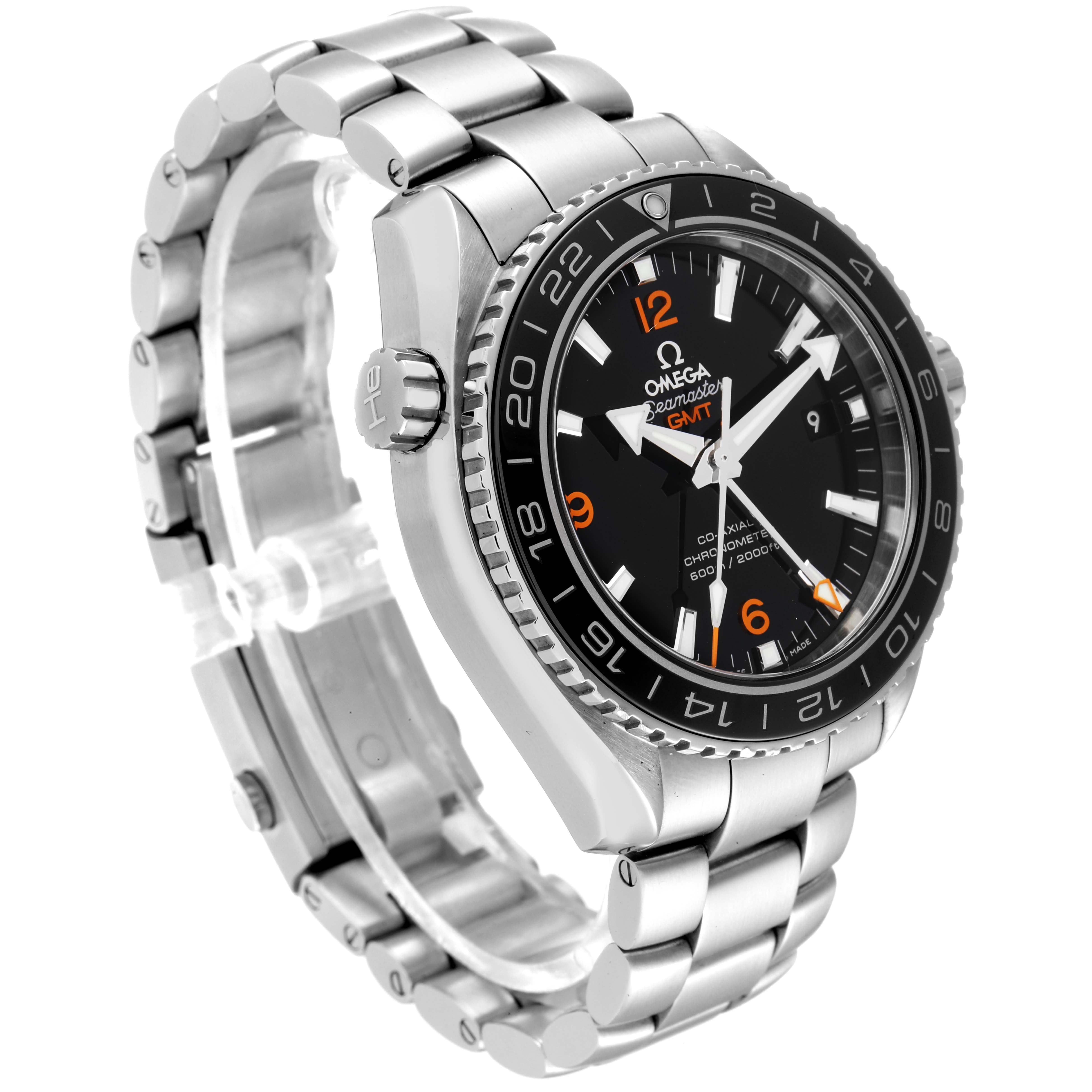 The image shows a side-angle view of the Omega Planet Ocean 232.30.44.22.01.002 Men
s Stainless Steel Black Dial 232.30.44.22.01.002 Men
s Stainless Steel Black Dial watch, highlighting the dial, bezel, bracelet, and crown.