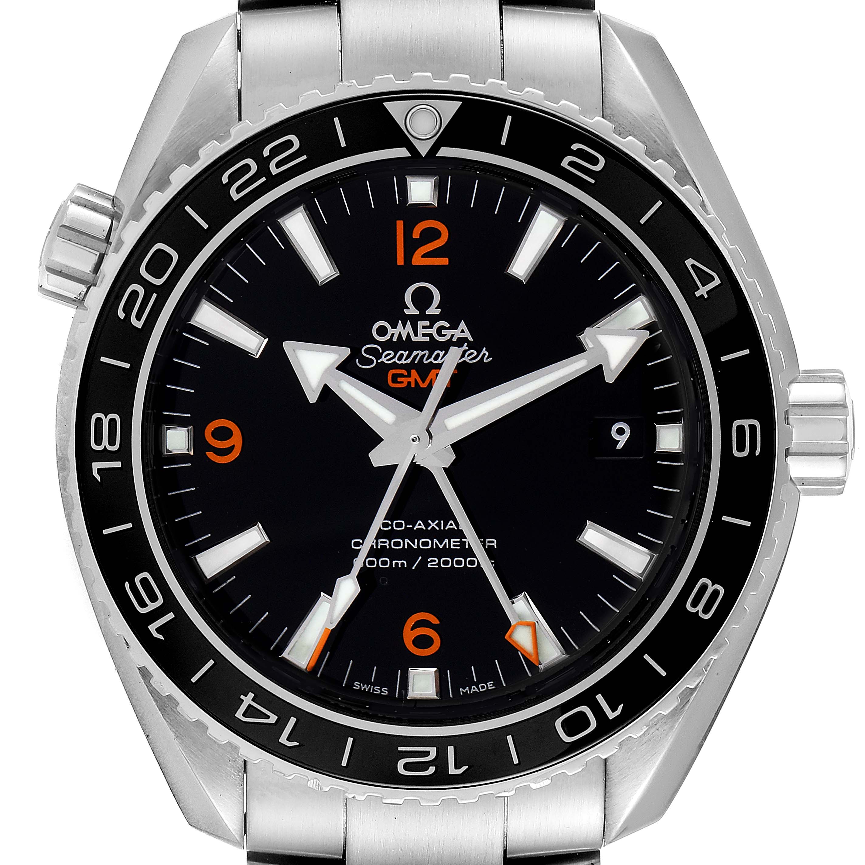The image shows a front view of the Omega Seamaster Planet Ocean watch, highlighting its black dial and bezel, and stainless steel case.