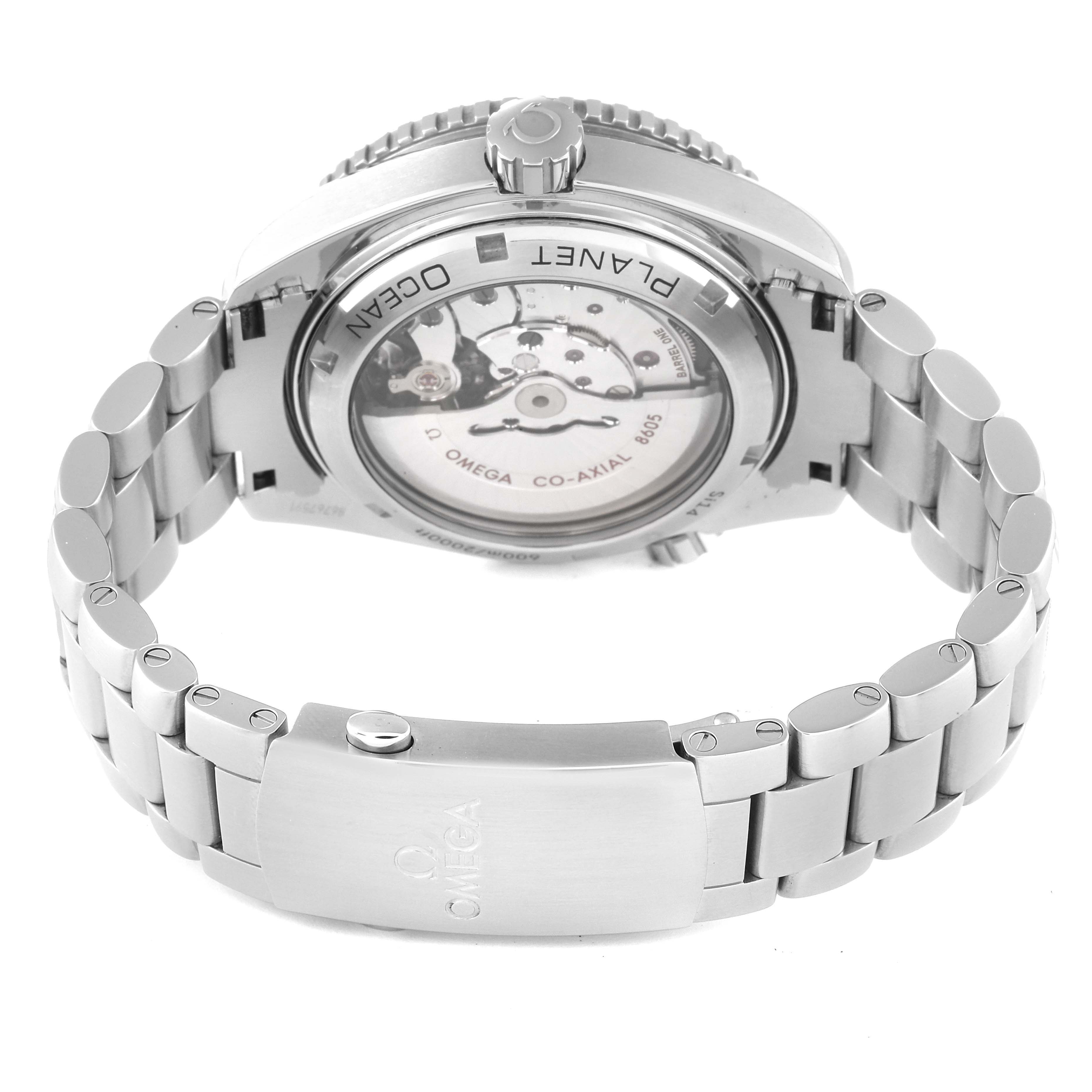 The photo shows the back of the Omega Planet Ocean 232.30.44.22.01.002 Men
s Stainless Steel Black Dial 232.30.44.22.01.002 Men
s Stainless Steel Black Dial watch, featuring its stainless steel bracelet and transparent case back.