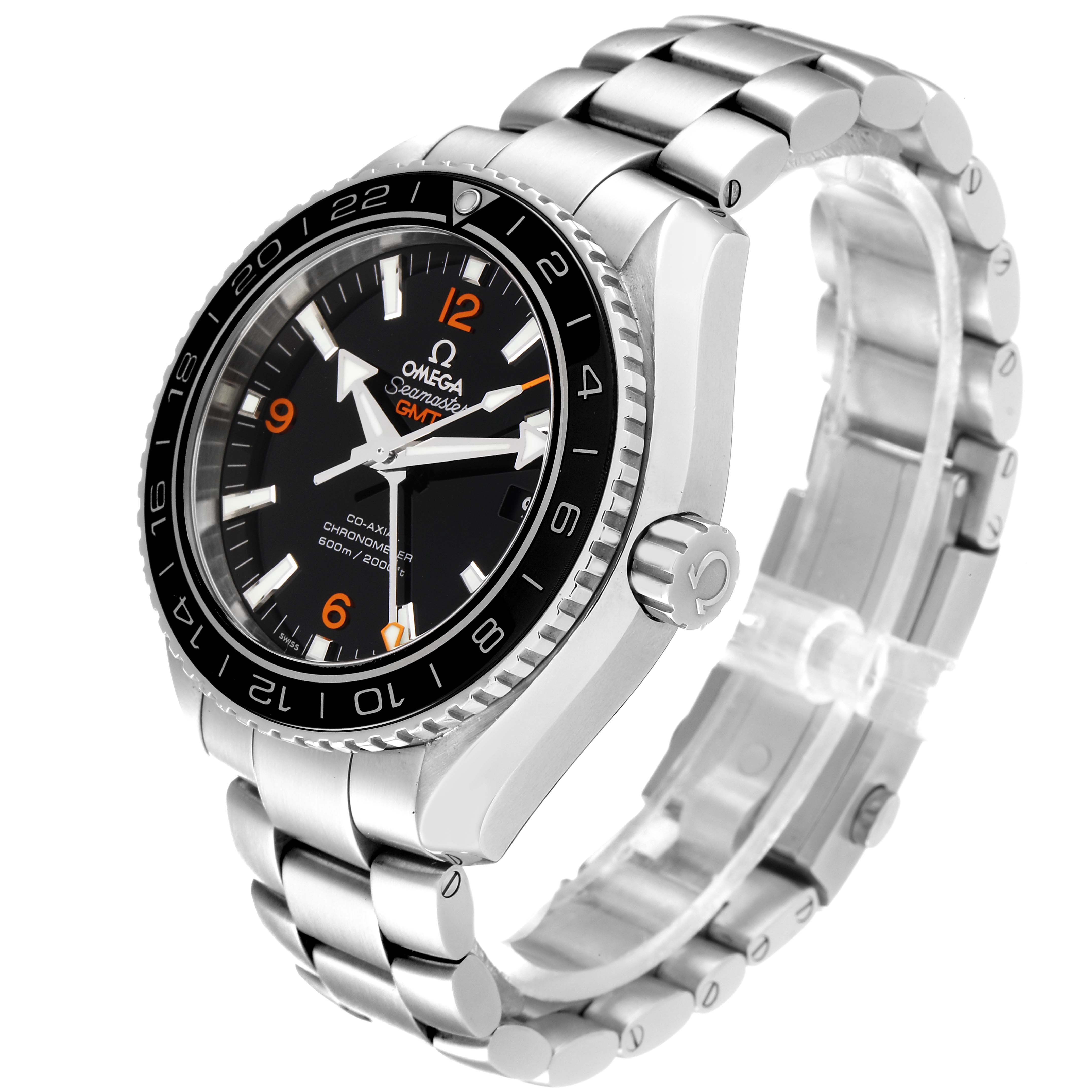 The Omega Planet Ocean 232.30.44.22.01.002 Men
s Stainless Steel Black Dial 232.30.44.22.01.002 Men
s Stainless Steel Black Dial watch is shown at an angled side view, displaying the dial, bezel, crown, and metal bracelet.