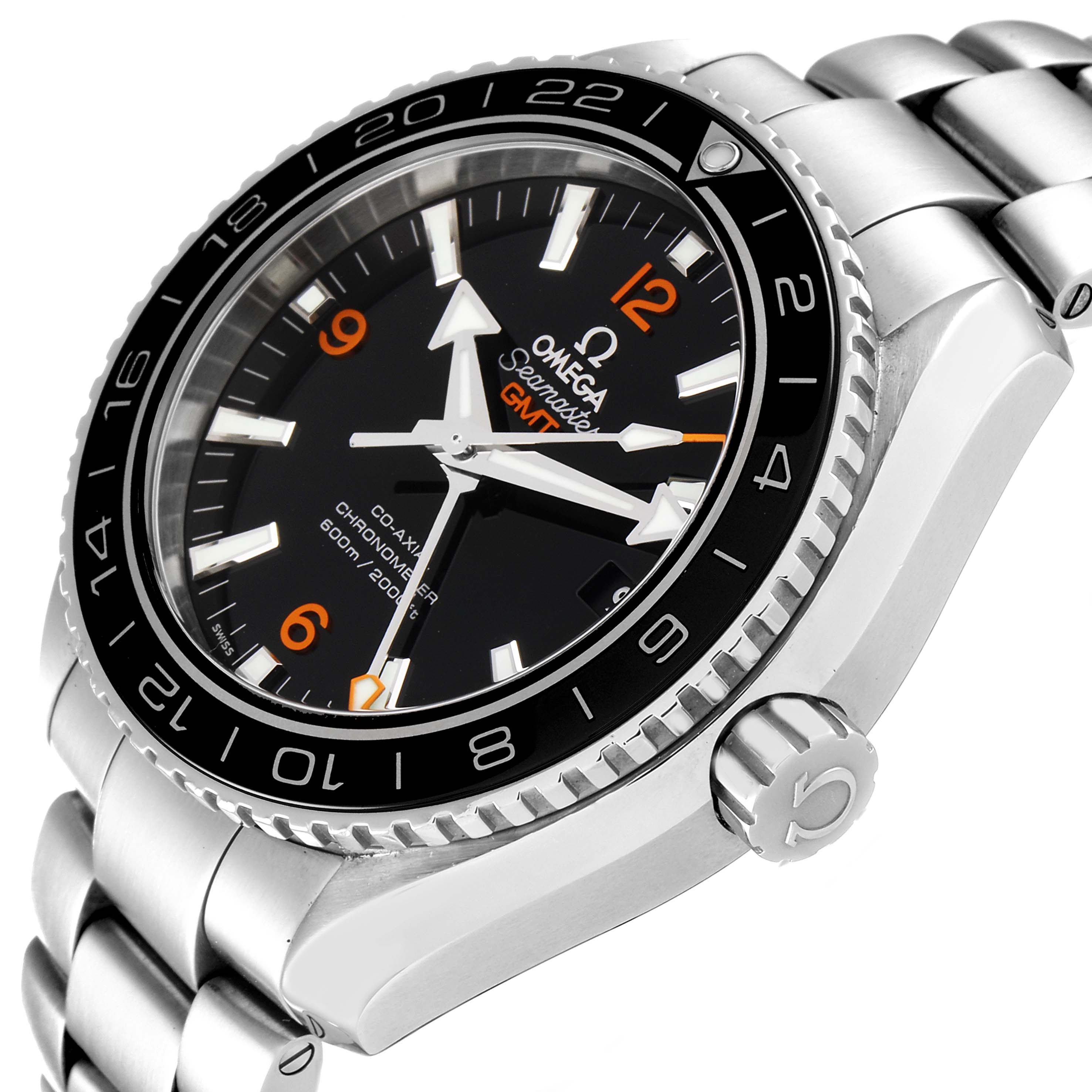 The Omega Planet Ocean 232.30.44.22.01.002 Men
s Stainless Steel Black Dial 232.30.44.22.01.002 Men
s Stainless Steel Black Dial watch is shown at a slight angle, highlighting its face, bezel, crown, and part of the metal bracelet.