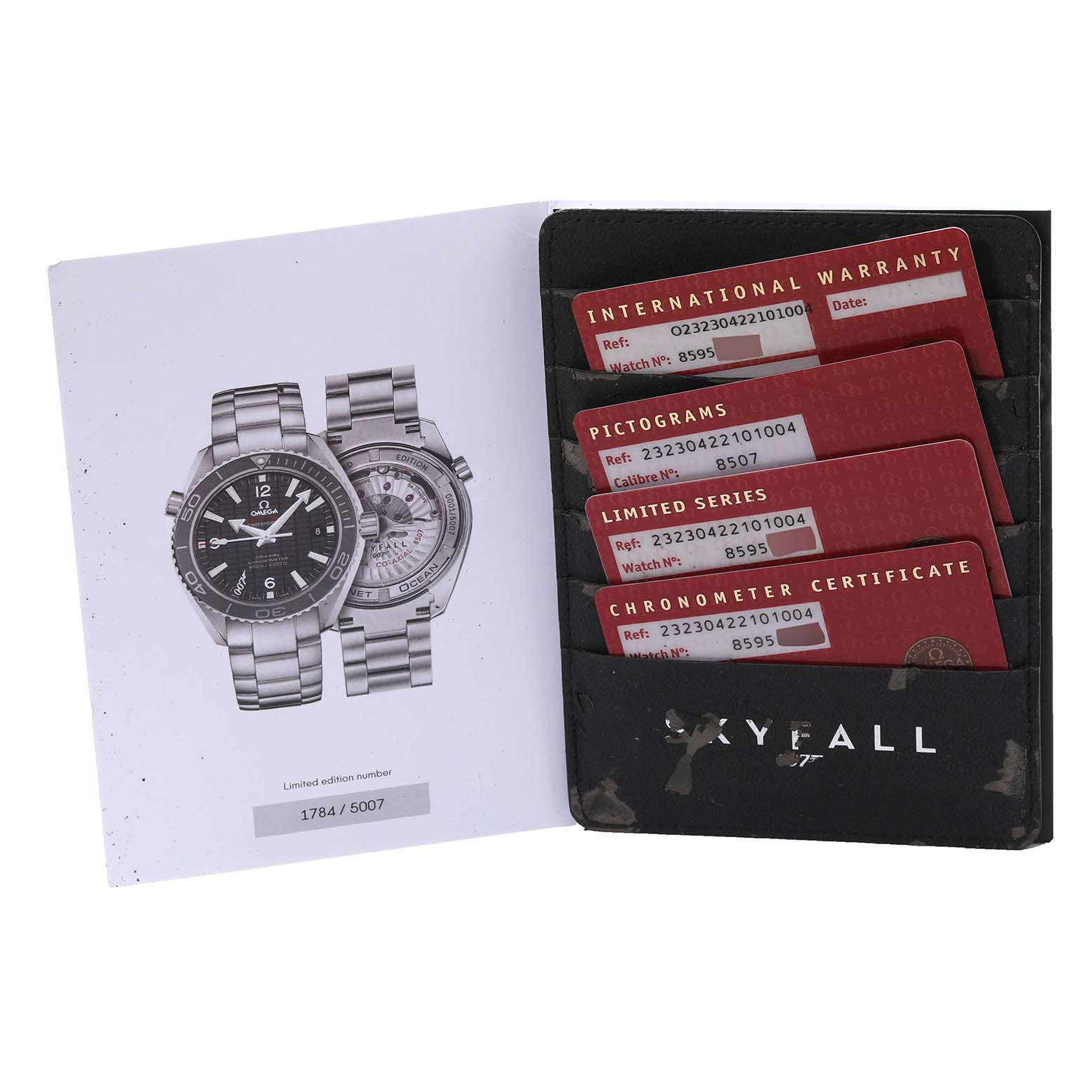 The image shows the warranty, pictograms, limited series, and chronometer certificate cards for the Omega Planet Ocean 232.30.42.21.01.004 Men's Stainless Steel Black Dial 232.30.42.21.01.004 Men's Stainless Steel Black Dial watch, along with a booklet.