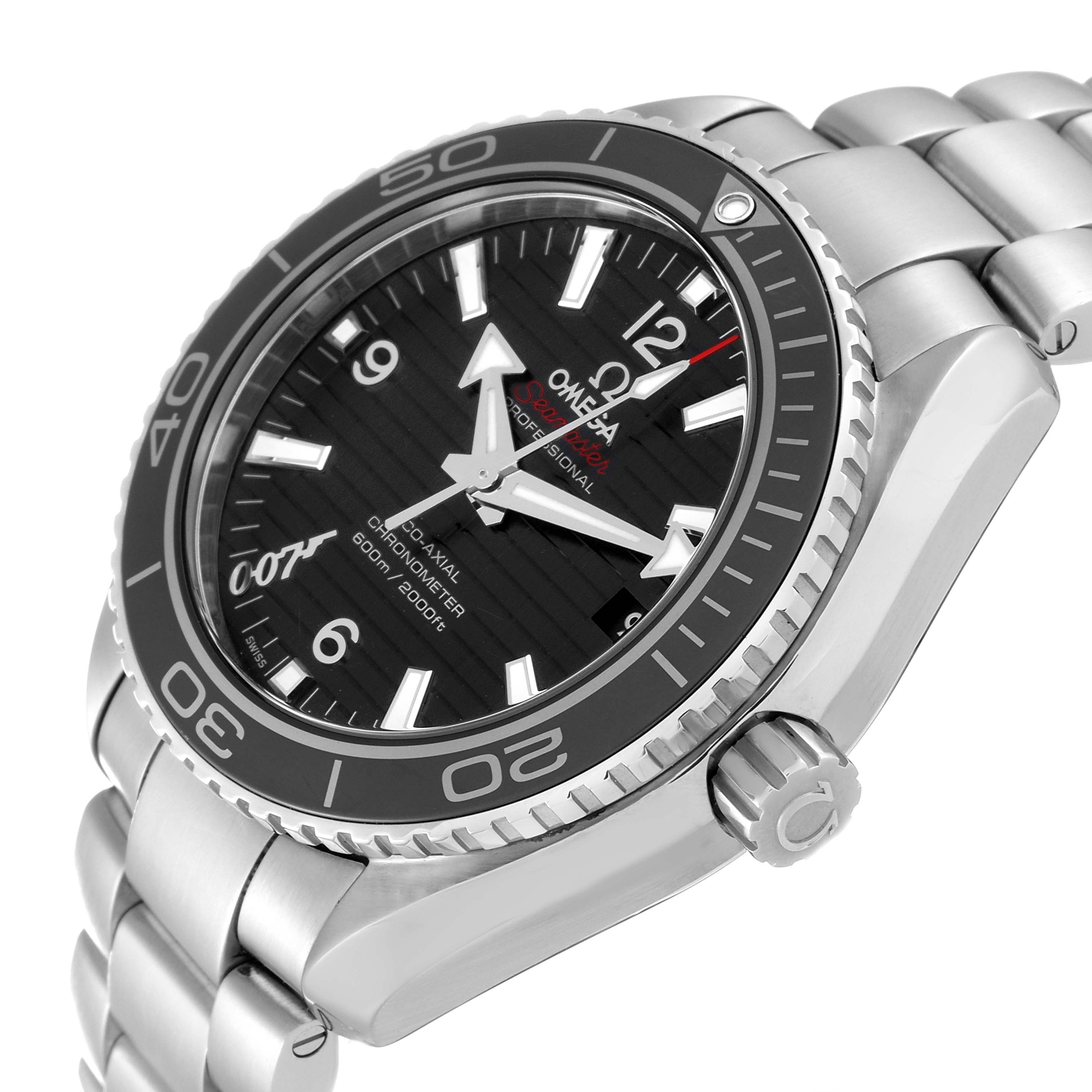 The image shows an angled side view of an Omega Planet Ocean 232.30.42.21.01.004 Men's Stainless Steel Black Dial 232.30.42.21.01.004 Men's Stainless Steel Black Dial watch, highlighting the dial, bezel, crown, and part of the stainless steel bracelet.