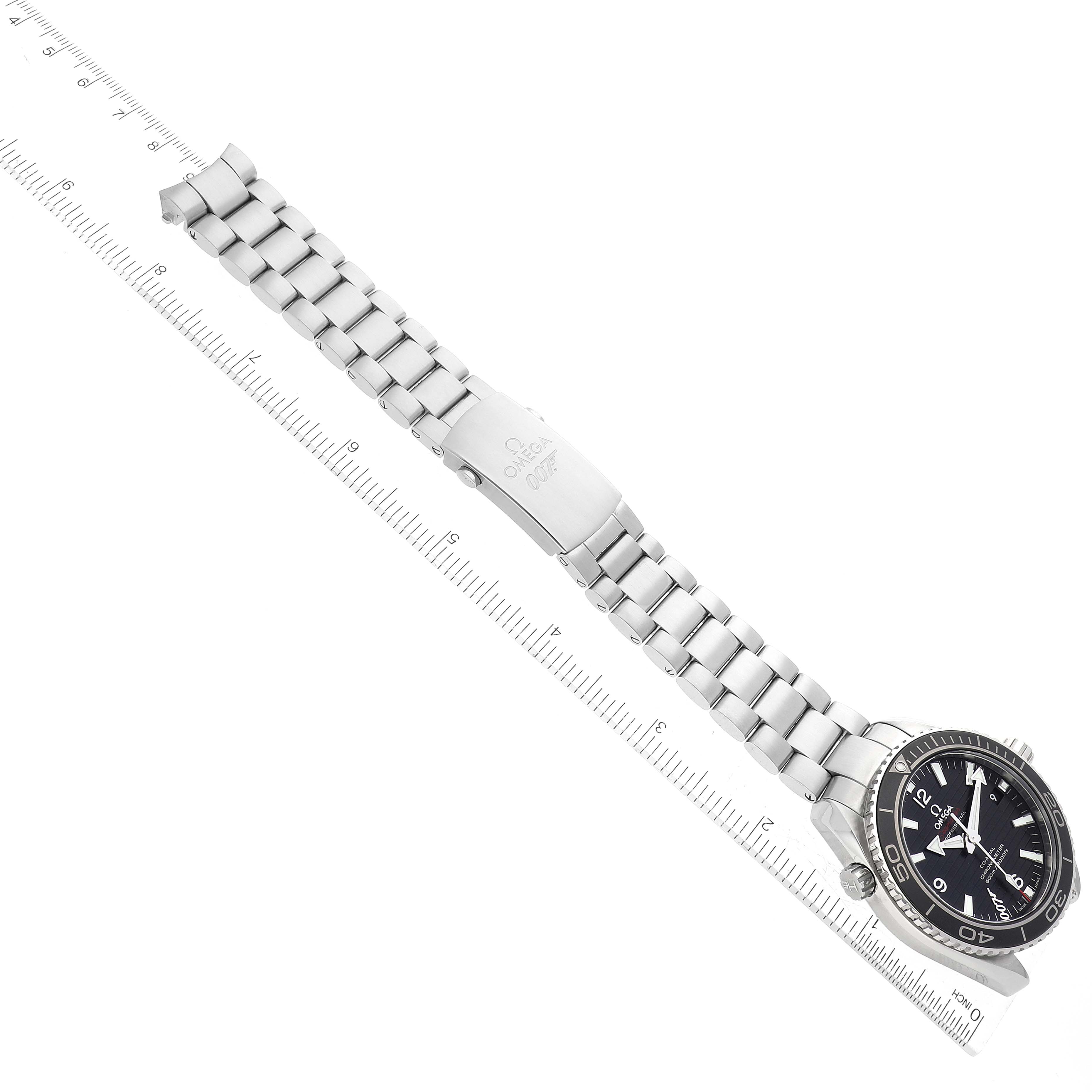 The image shows an Omega Planet Ocean 232.30.42.21.01.004 Men's Stainless Steel Black Dial 232.30.42.21.01.004 Men's Stainless Steel Black Dial watch in a top-down angle, displaying the watch face, bezel, and stainless steel bracelet with a clasp.