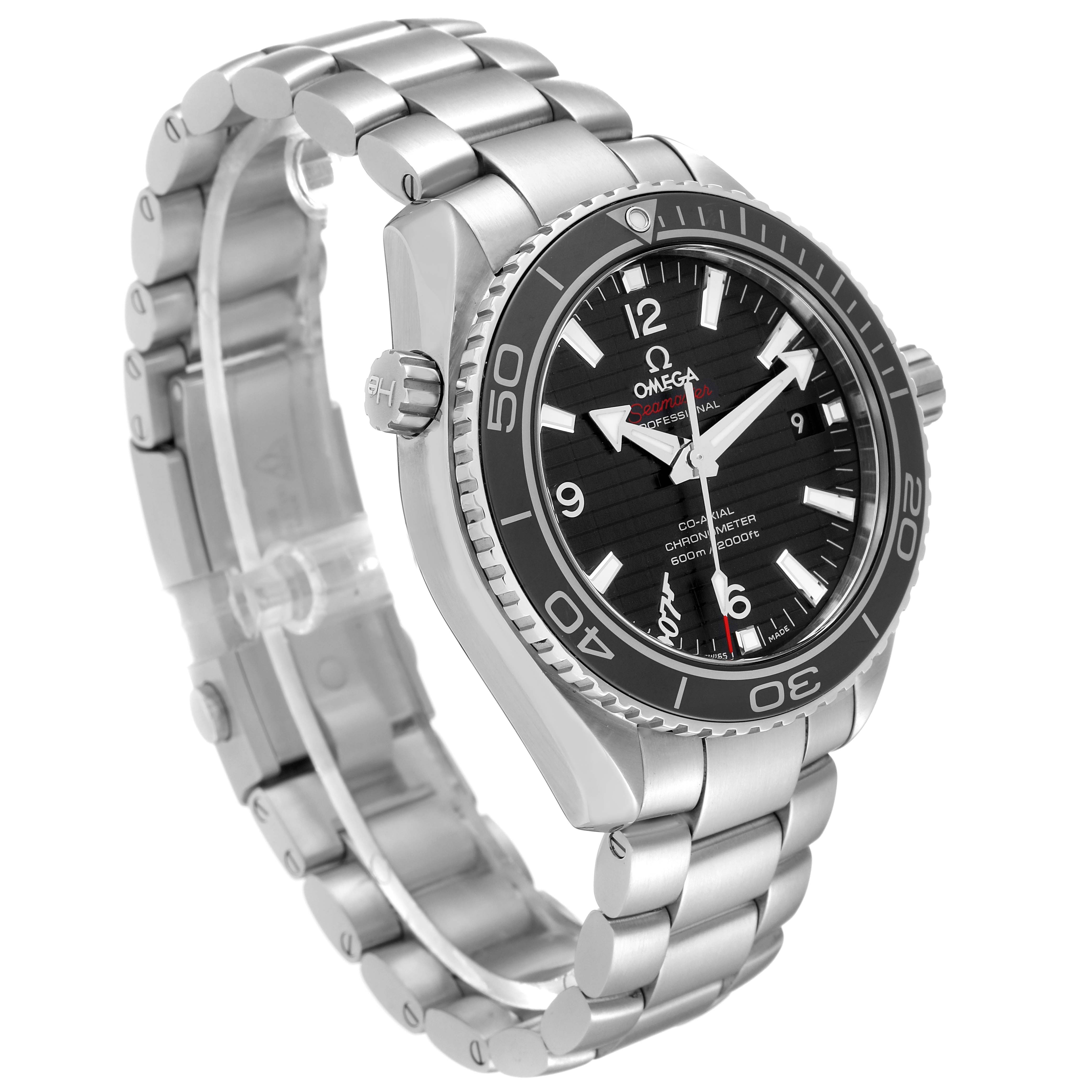 The image shows an Omega Planet Ocean 232.30.42.21.01.004 Men's Stainless Steel Black Dial 232.30.42.21.01.004 Men's Stainless Steel Black Dial watch at a three-quarter angle, highlighting the face, bezel, crown, and bracelet.