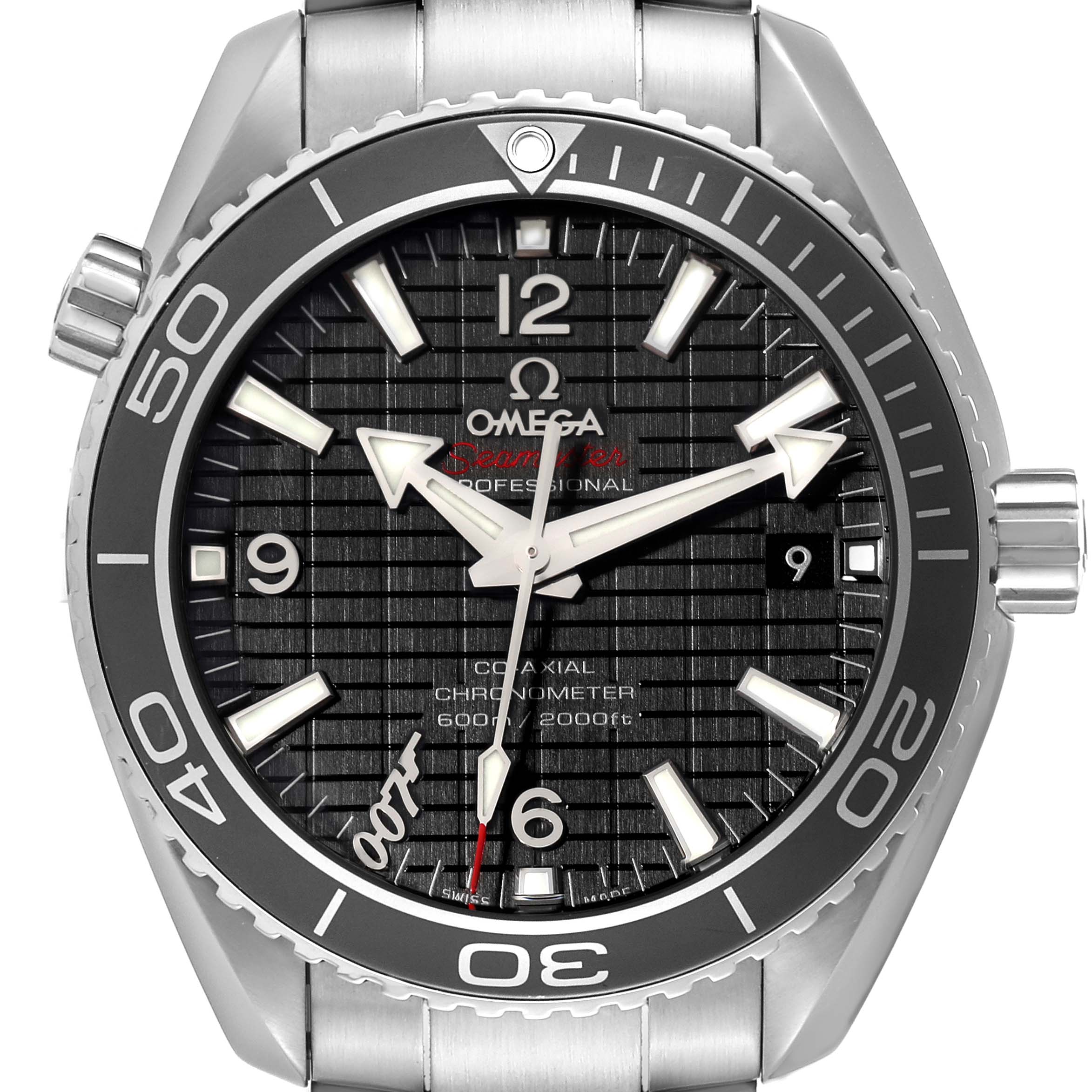 The image shows a close-up frontal view of an Omega Planet Ocean 232.30.42.21.01.004 Men's Stainless Steel Black Dial 232.30.42.21.01.004 Men's Stainless Steel Black Dial watch, highlighting its face and bezel.