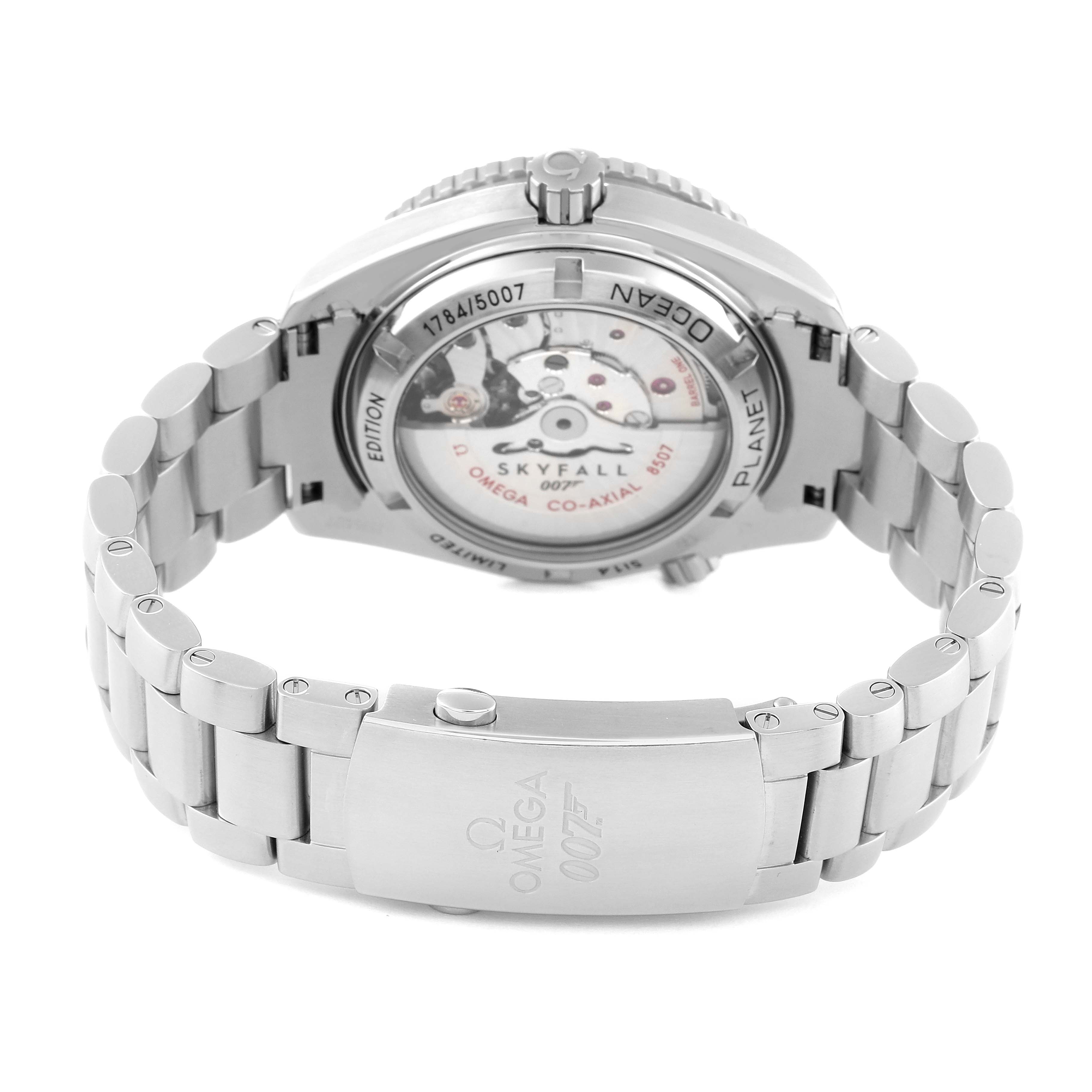 The image shows the back and bracelet of the Omega Planet Ocean 232.30.42.21.01.004 Men's Stainless Steel Black Dial 232.30.42.21.01.004 Men's Stainless Steel Black Dial watch model, including its clasp and transparent case back.