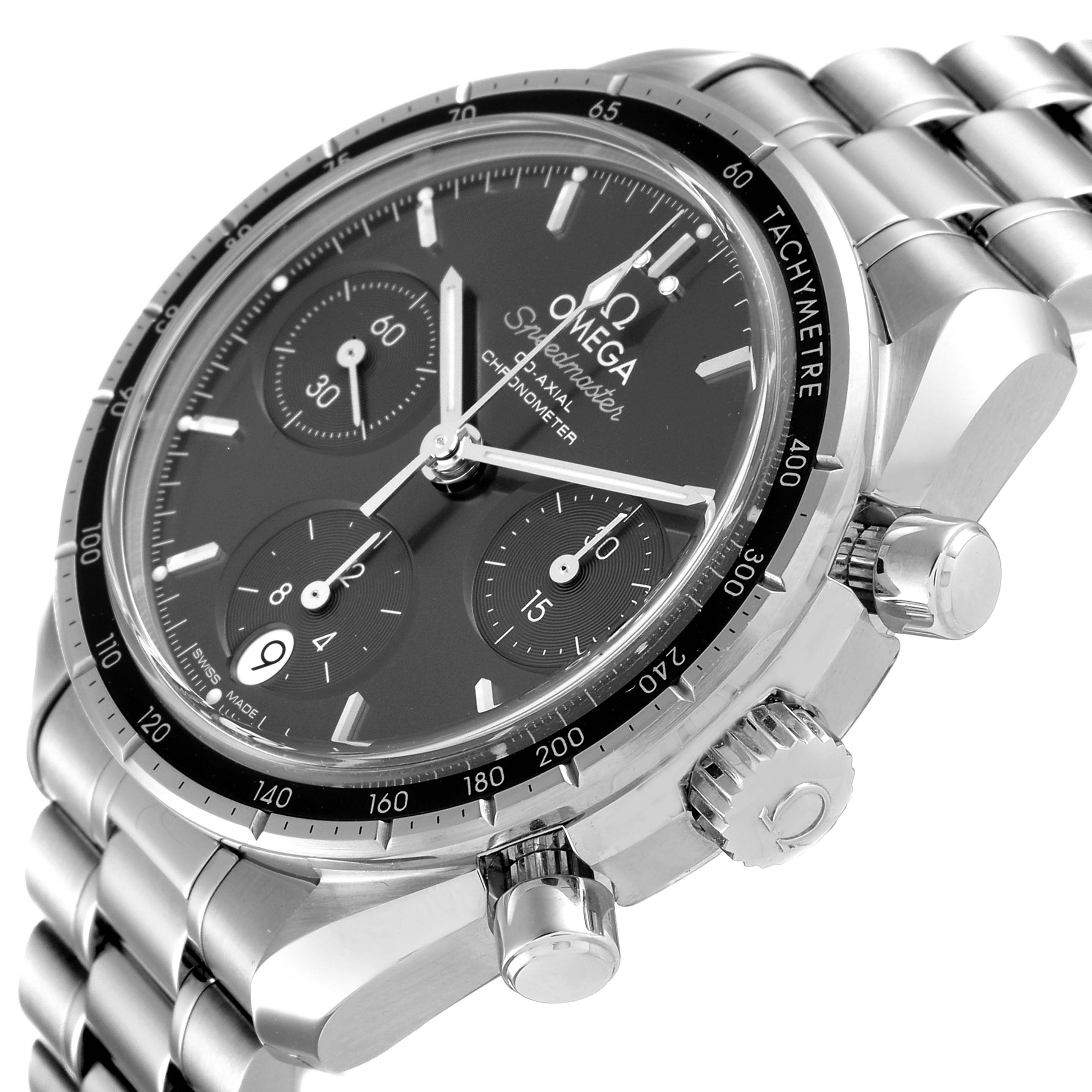 The Omega Speedmaster 324.30.38.50.06.001 Men
s Stainless Steel Grey Dial 324.30.38.50.06.001 Men
s Stainless Steel Grey Dial watch is shown at an angle focusing on the face, tachymeter, and crown.