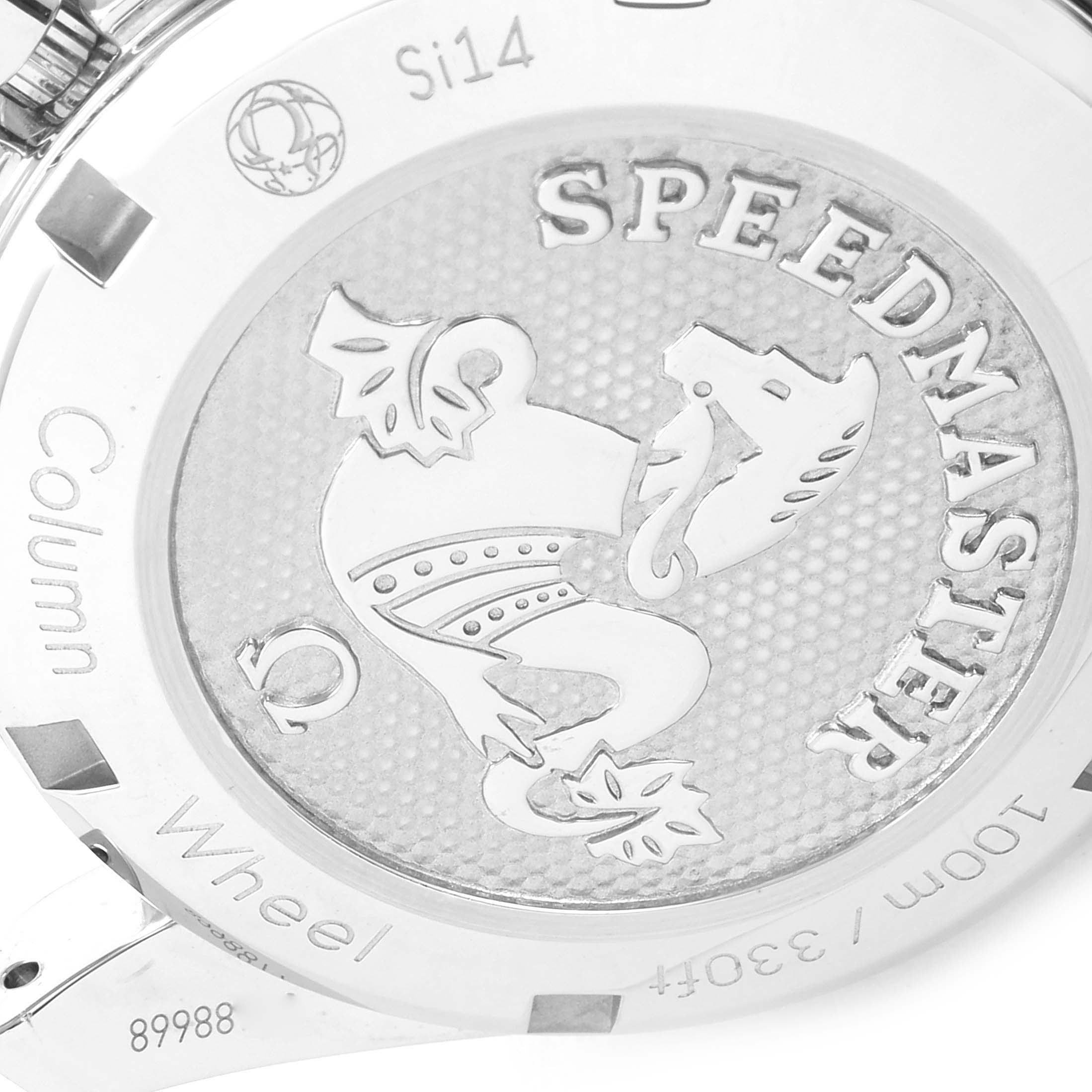 The image shows the case back of an Omega Speedmaster 324.30.38.50.06.001 Men
s Stainless Steel Grey Dial 324.30.38.50.06.001 Men
s Stainless Steel Grey Dial watch, featuring decorative engravings and specifications.
