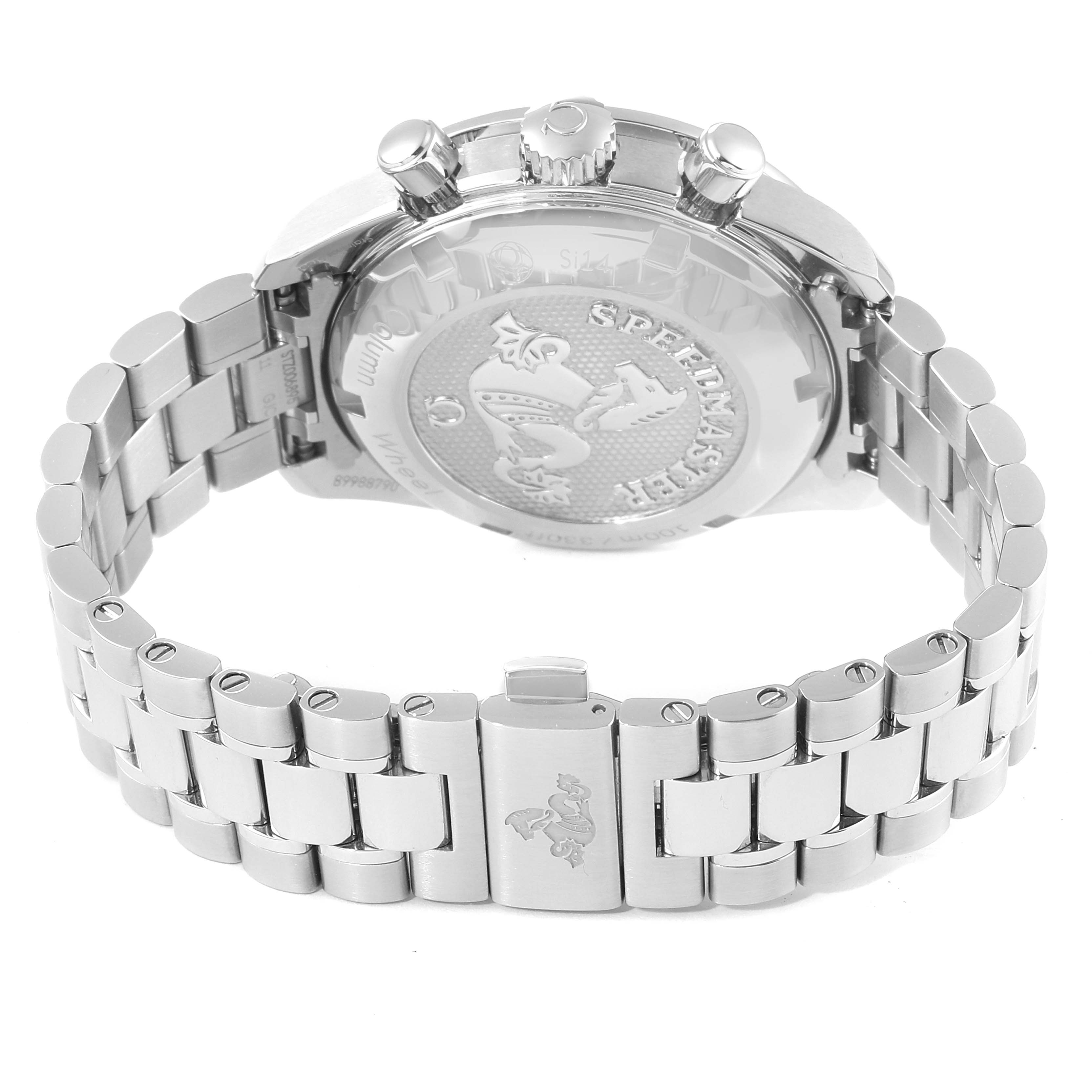 The image shows the back case and bracelet of an Omega Speedmaster 324.30.38.50.06.001 Men
s Stainless Steel Grey Dial 324.30.38.50.06.001 Men
s Stainless Steel Grey Dial watch at an angled view.