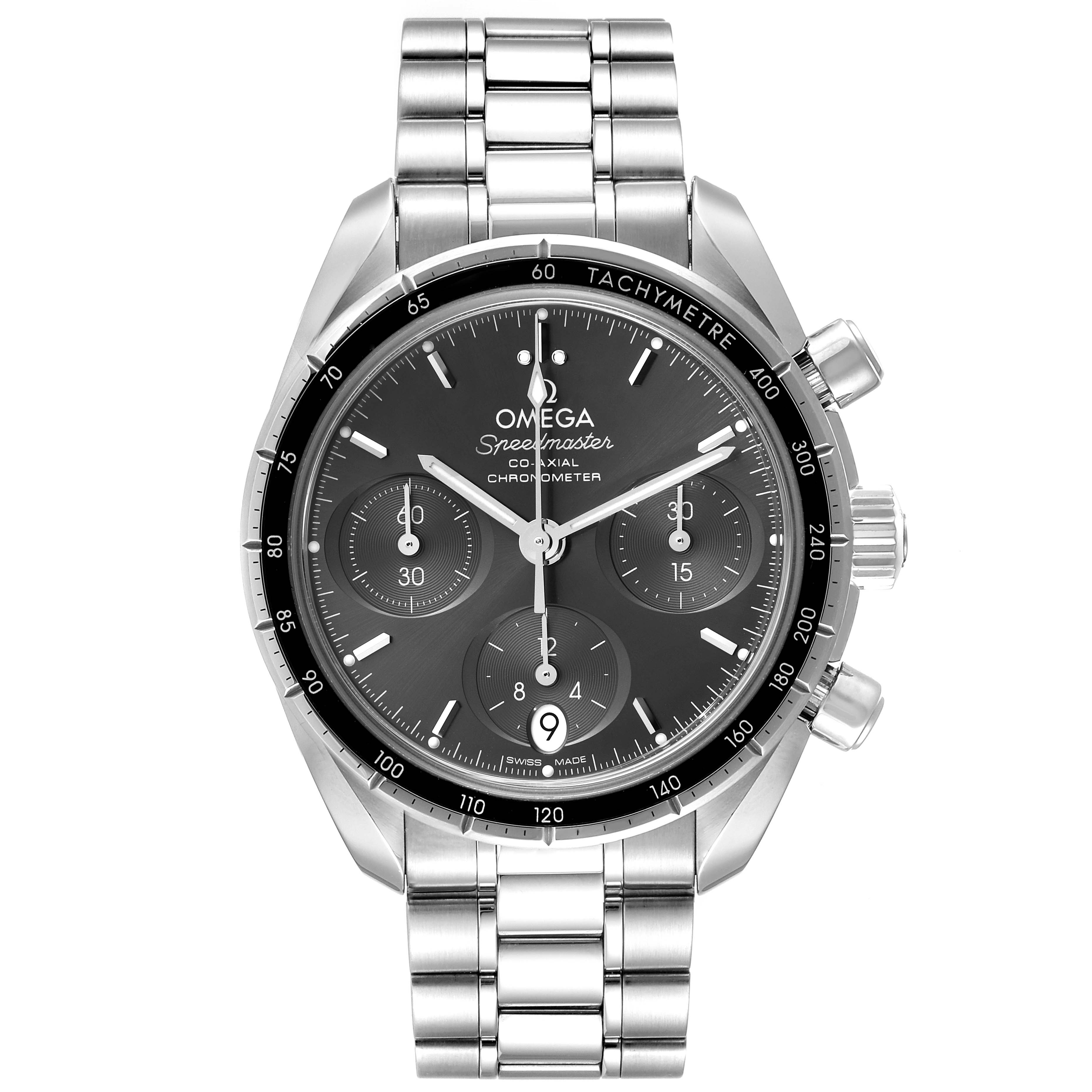 The image shows a front view of an Omega Speedmaster 324.30.38.50.06.001 Men
s Stainless Steel Grey Dial 324.30.38.50.06.001 Men
s Stainless Steel Grey Dial watch highlighting its dial, bezel, and bracelet.