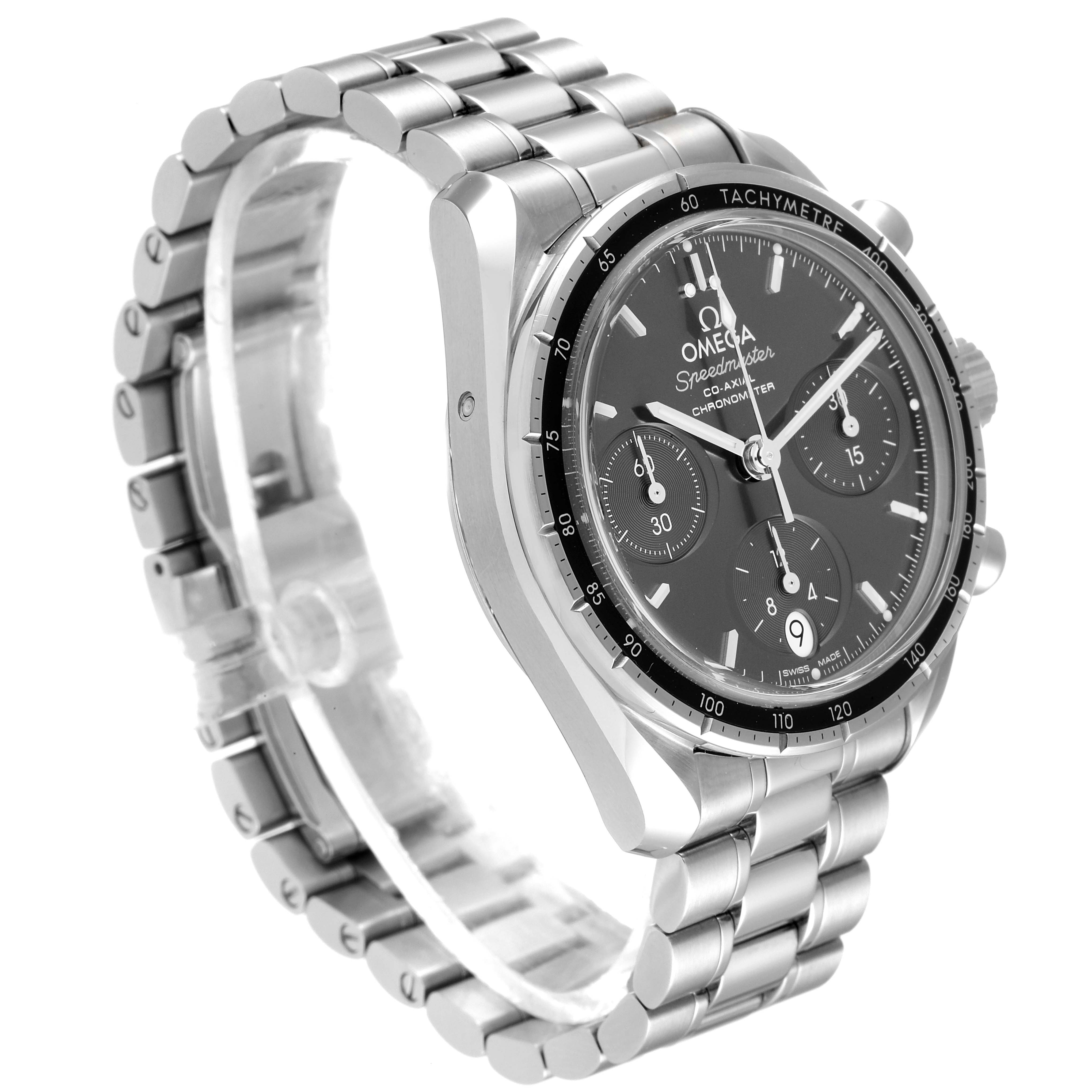 The Omega Speedmaster 324.30.38.50.06.001 Men
s Stainless Steel Grey Dial 324.30.38.50.06.001 Men
s Stainless Steel Grey Dial is shown at a three-quarter angle, displaying the watch face, chronograph sub-dials, and metal bracelet.
