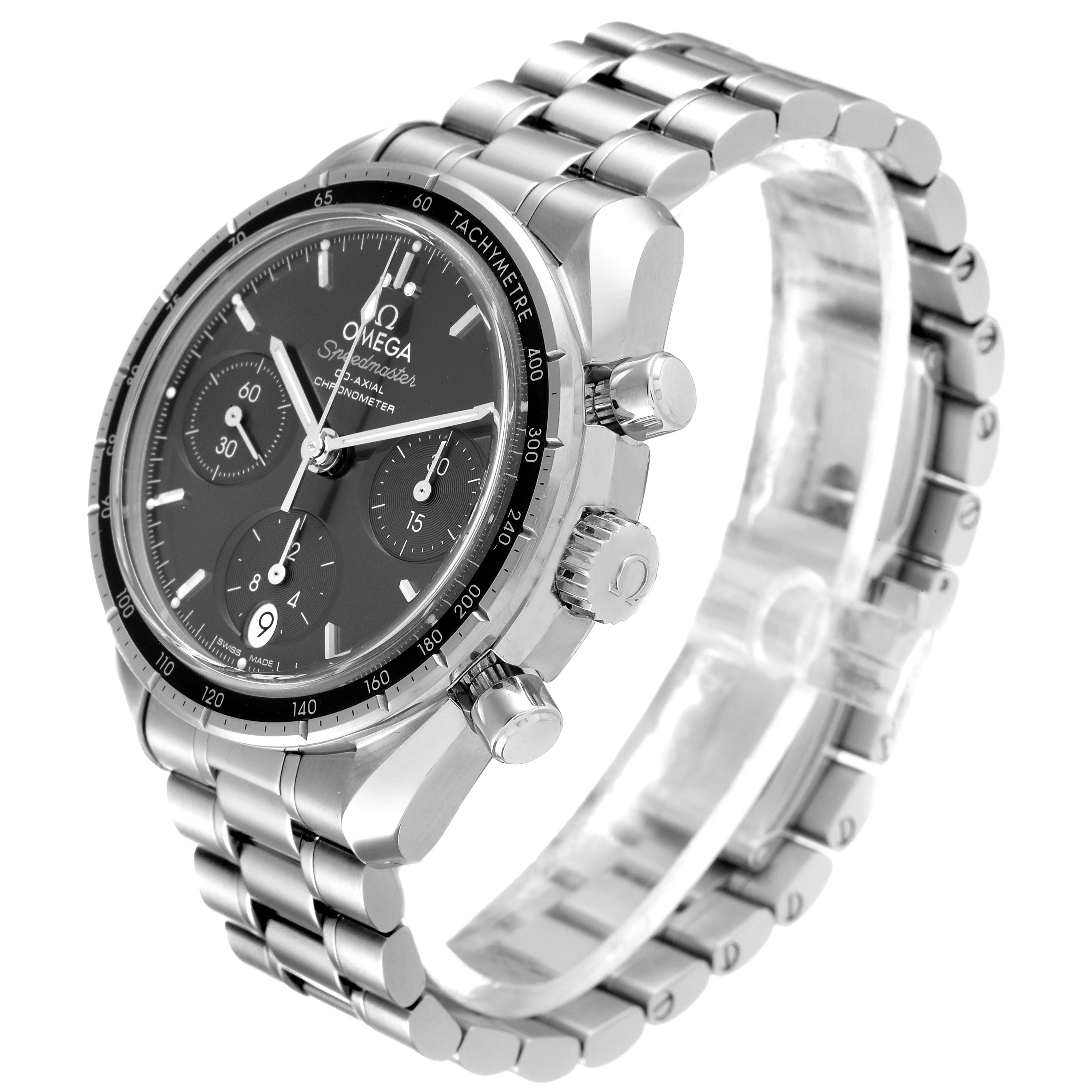 The Omega Speedmaster 324.30.38.50.06.001 Men
s Stainless Steel Grey Dial 324.30.38.50.06.001 Men
s Stainless Steel Grey Dial watch is shown at an angled side view, highlighting the face, bezel, crown, chronograph buttons, and stainless steel bracelet.