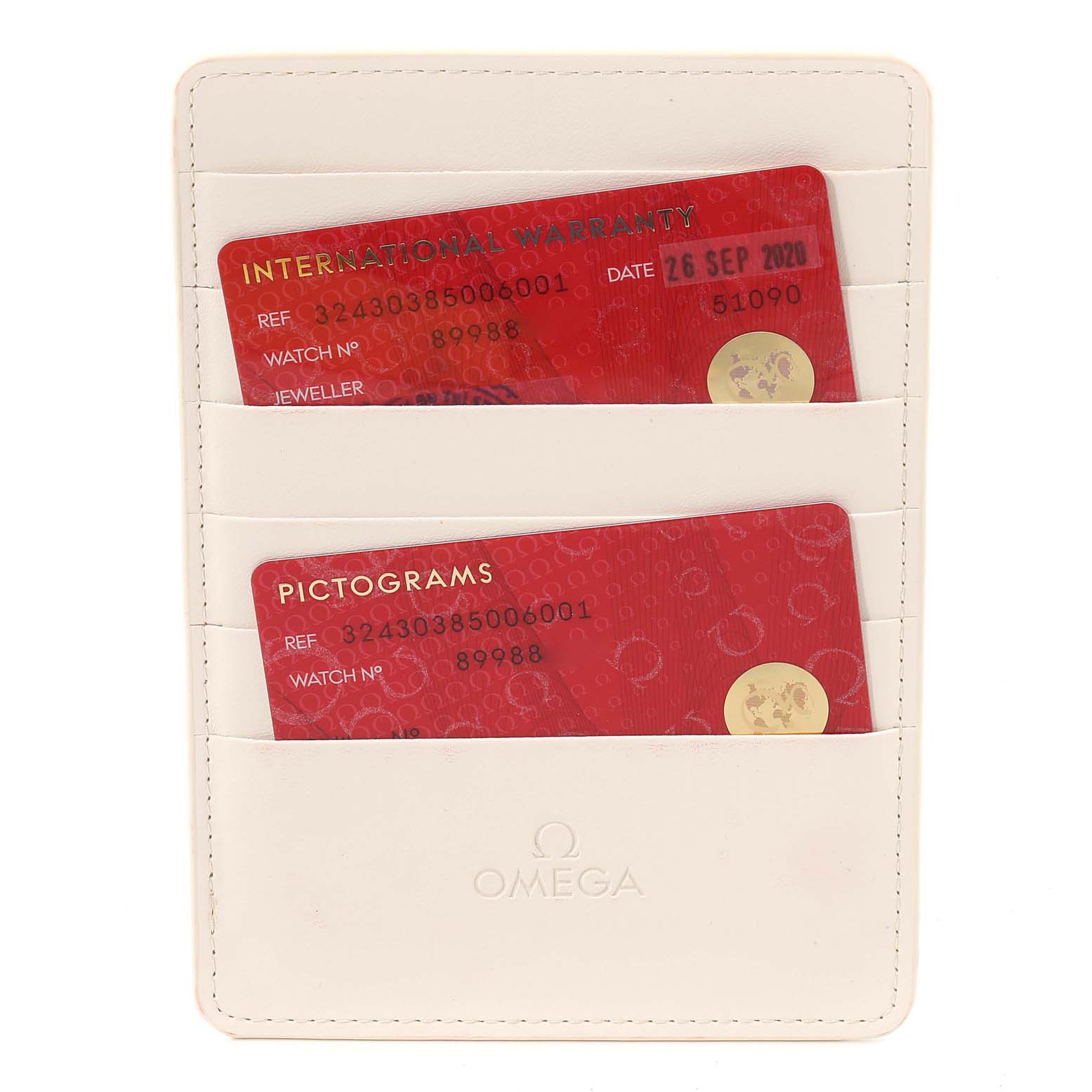 The image shows the warranty and pictograms cards for an Omega Speedmaster 324.30.38.50.06.001 Men
s Stainless Steel Grey Dial 324.30.38.50.06.001 Men
s Stainless Steel Grey Dial, placed inside a white cardholder.