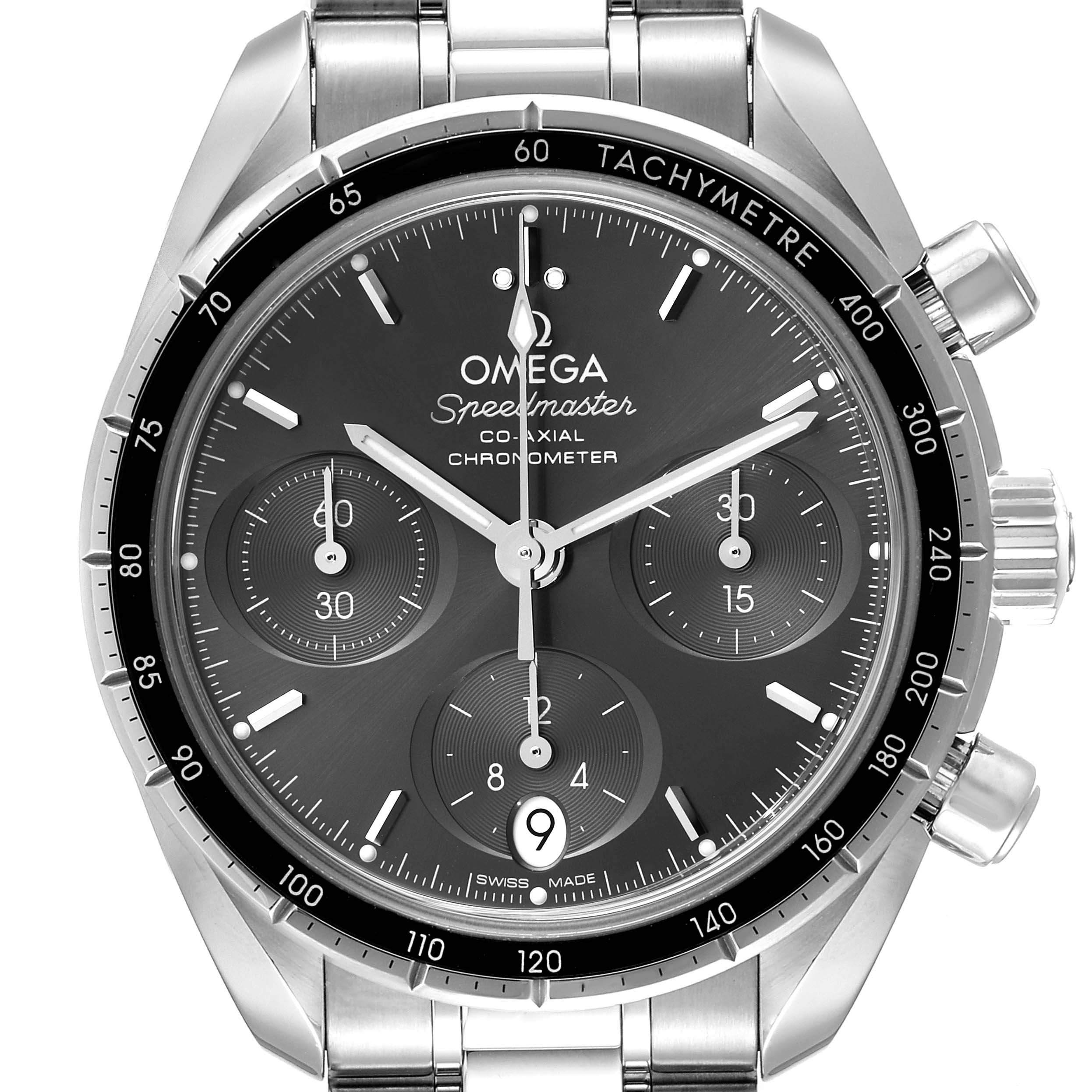 The image shows a front view of the Omega Speedmaster 324.30.38.50.06.001 Men
s Stainless Steel Grey Dial 324.30.38.50.06.001 Men
s Stainless Steel Grey Dial watch, highlighting the face, bezel, subdials, and stainless steel bracelet.