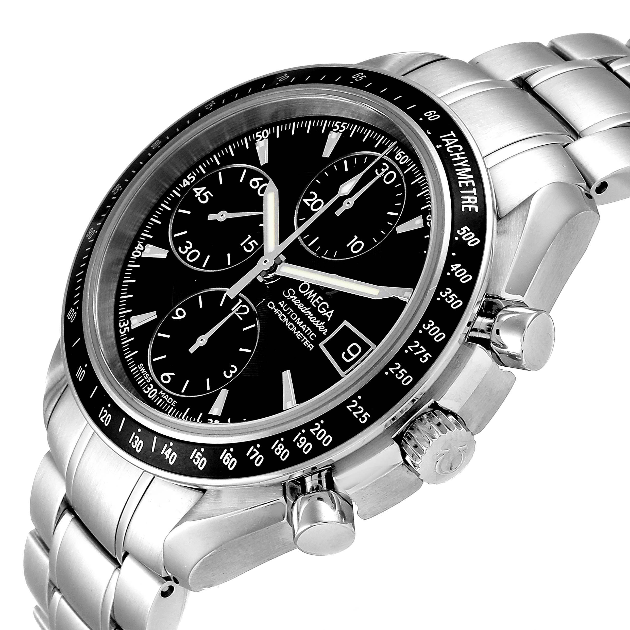 The image shows an angled view of the Omega Speedmaster 3210.50.0031391 Men
s Stainless Steel Black Dial 3210.50.0031391 Men
s Stainless Steel Black Dial watch, highlighting the face, tachymeter bezel, chronograph subdials, and stainless steel bracelet.