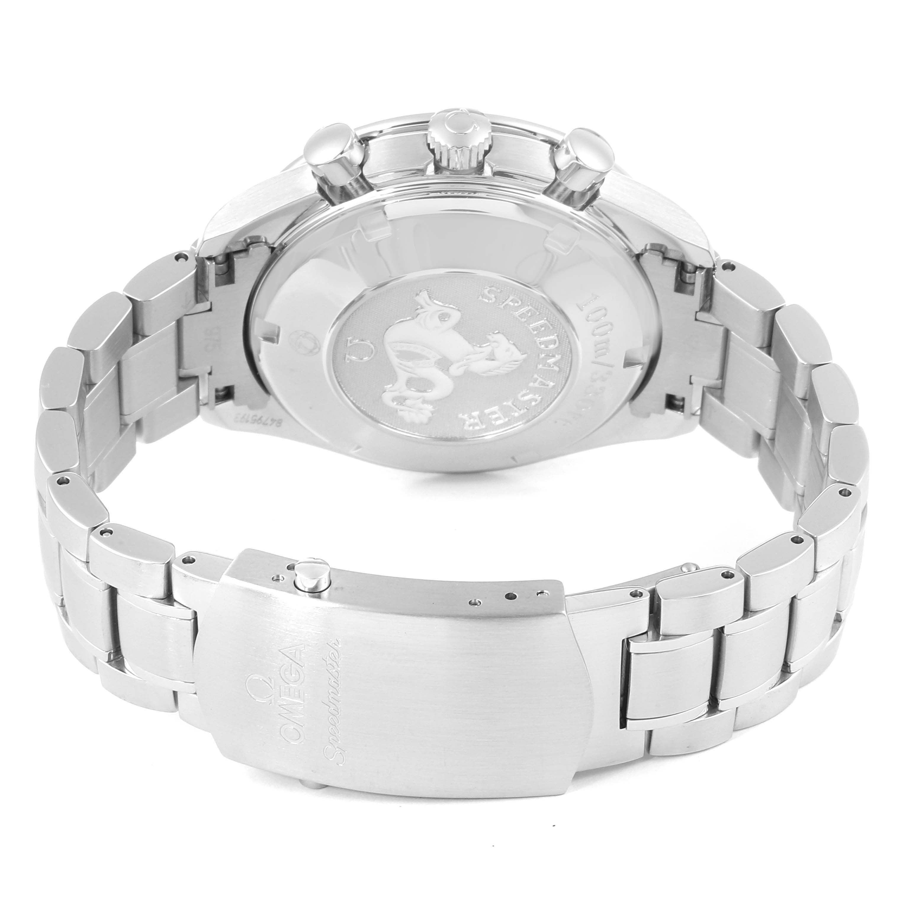 This image shows the back view of an Omega Speedmaster 3210.50.0031391 Men
s Stainless Steel Black Dial 3210.50.0031391 Men
s Stainless Steel Black Dial wristwatch with its case back, bracelet, and clasp visible.