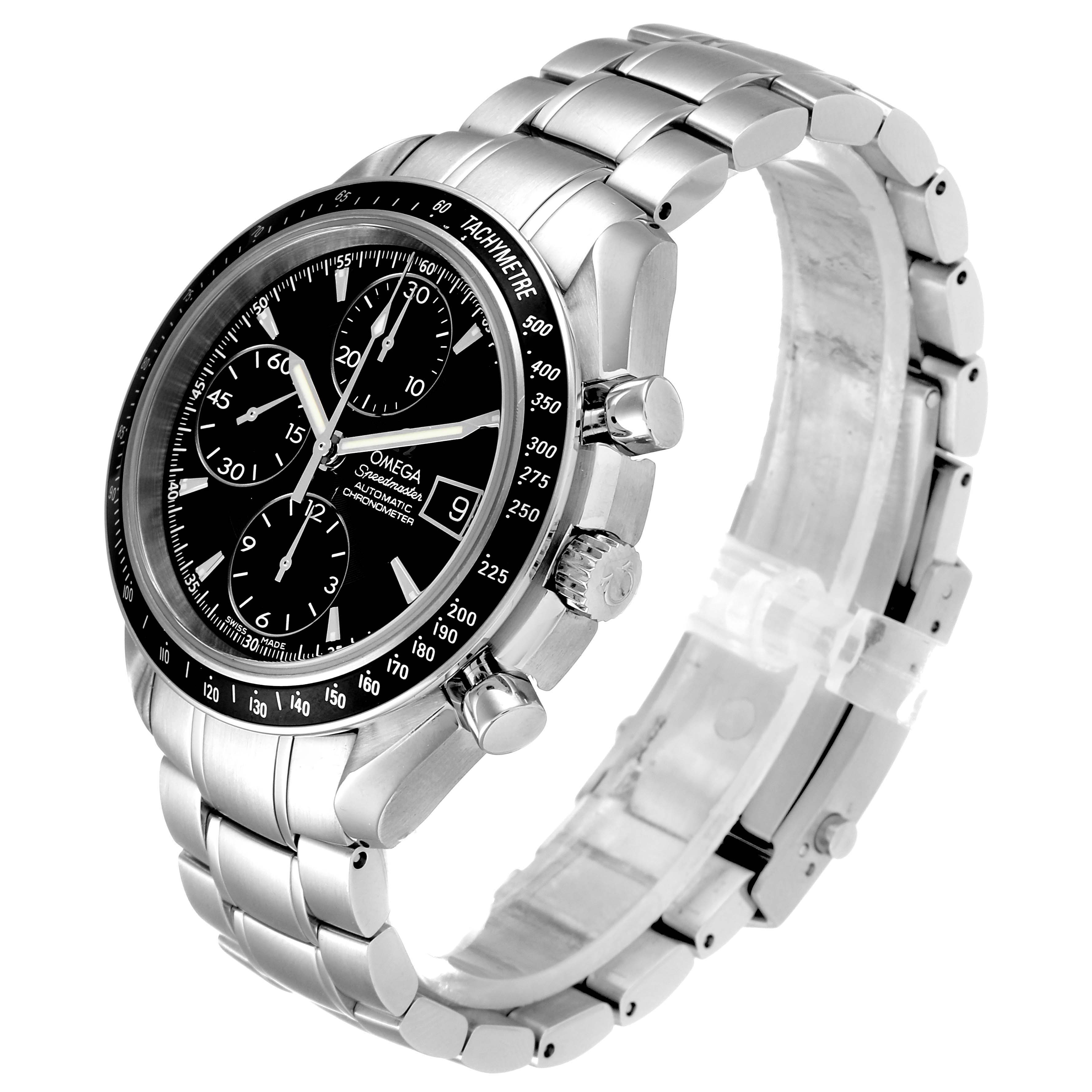 The image displays an Omega Speedmaster 3210.50.0031391 Men
s Stainless Steel Black Dial 3210.50.0031391 Men
s Stainless Steel Black Dial watch at an angle, highlighting the face, bezel, pushers, and metal bracelet.