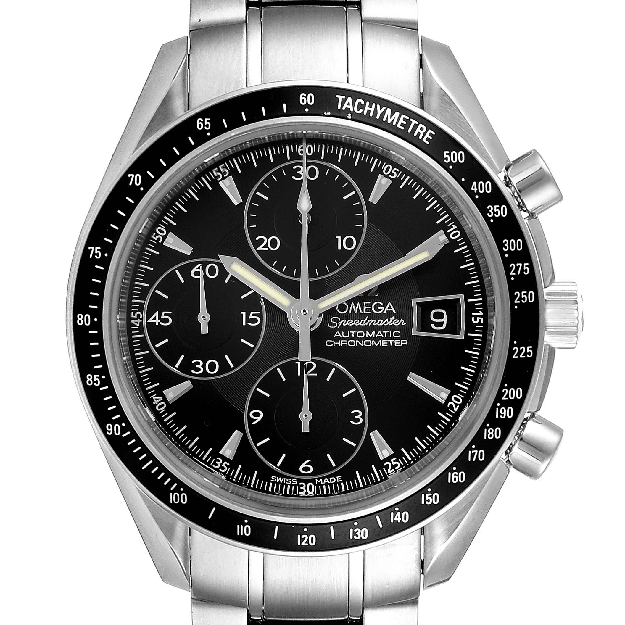 The image shows a front view of the Omega Speedmaster 3210.50.0031391 Men
s Stainless Steel Black Dial 3210.50.0031391 Men
s Stainless Steel Black Dial watch, highlighting its dial, subdials, tachymeter bezel, and date window.