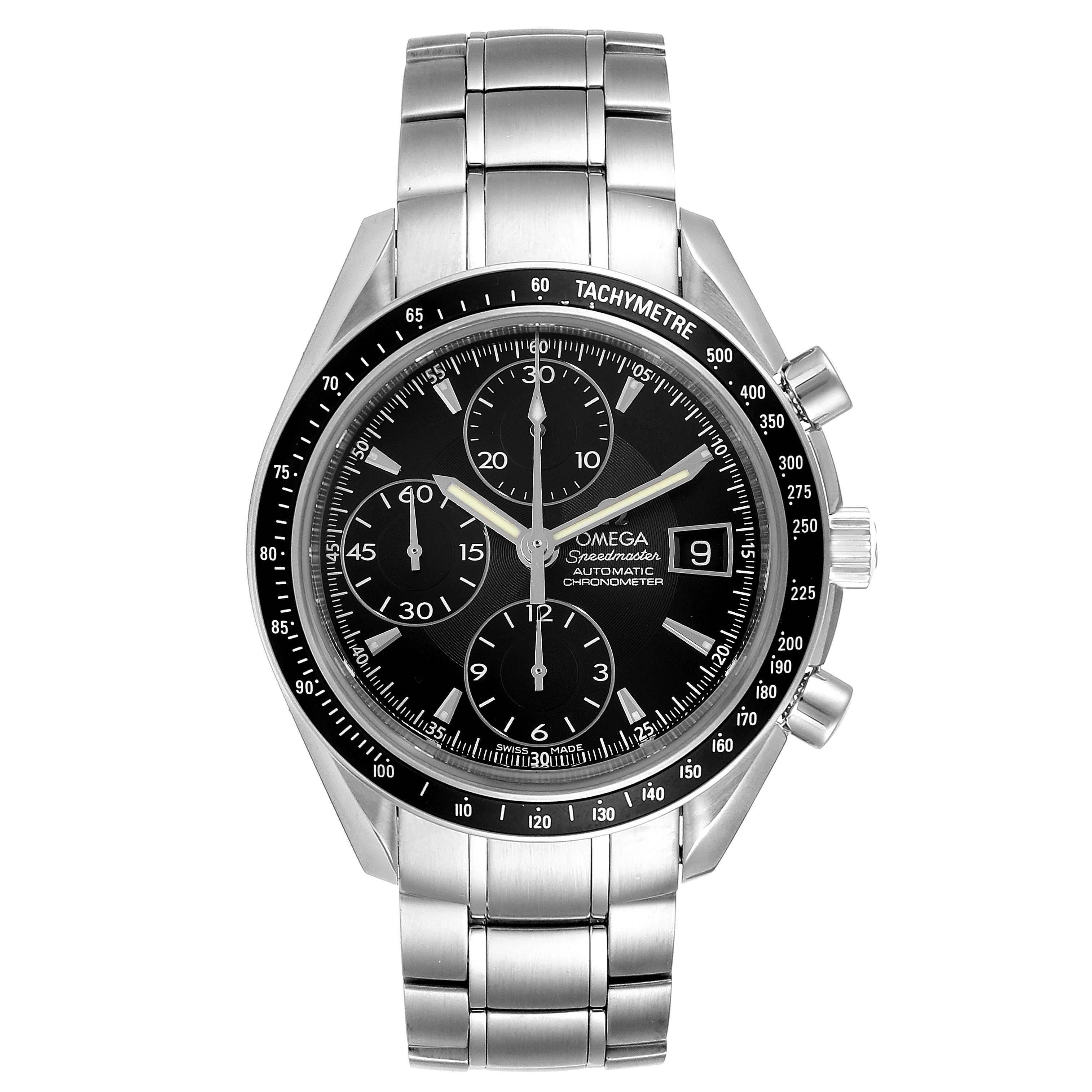 The image shows a front angle view of the Omega Speedmaster 3210.50.0031391 Men
s Stainless Steel Black Dial 3210.50.0031391 Men
s Stainless Steel Black Dial watch, highlighting its dial, bezel, and stainless steel bracelet.