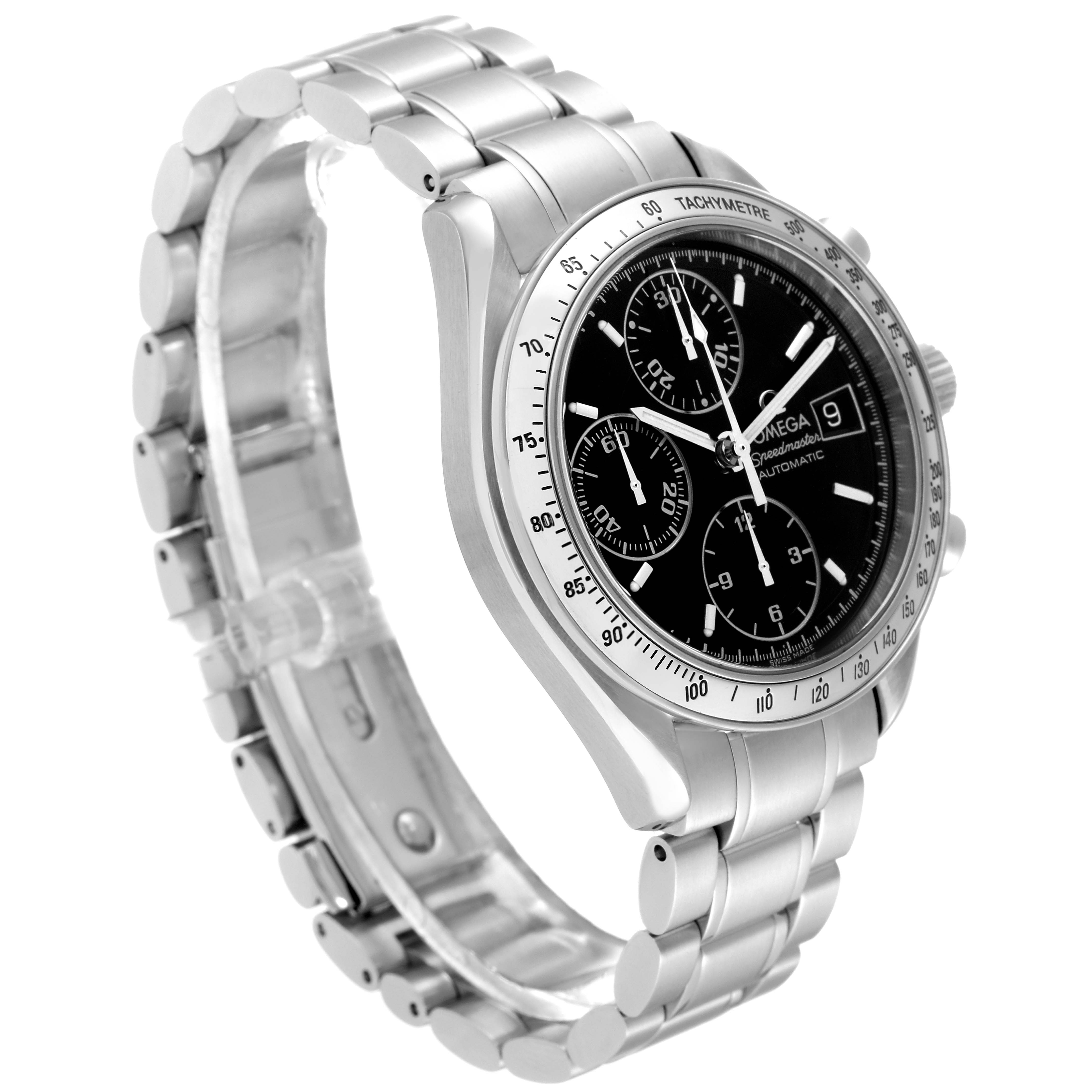 The Omega Speedmaster 3513.50.00 Men
s Stainless Steel Black Dial 3513.50.00 Men
s Stainless Steel Black Dial watch is shown at a three-quarter angle, highlighting the stainless steel bracelet, black dial, and tachymeter bezel.