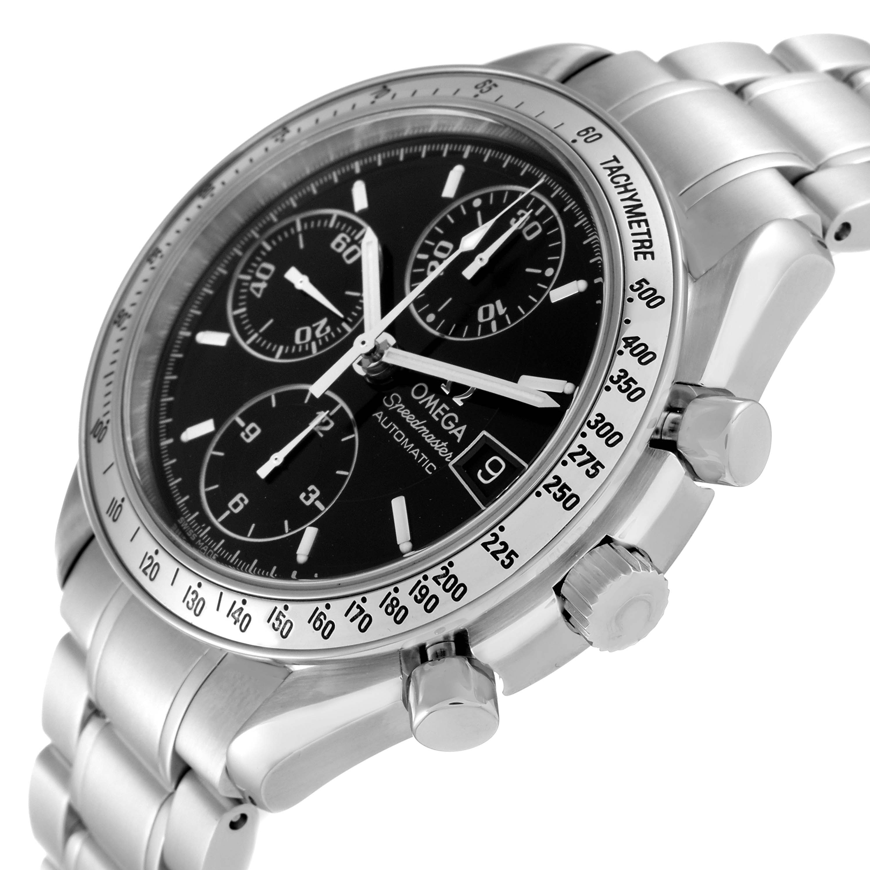 The Omega Speedmaster 3513.50.00 Men
s Stainless Steel Black Dial 3513.50.00 Men
s Stainless Steel Black Dial watch is shown from a slightly tilted side view, displaying the face, bezel, and bracelet.