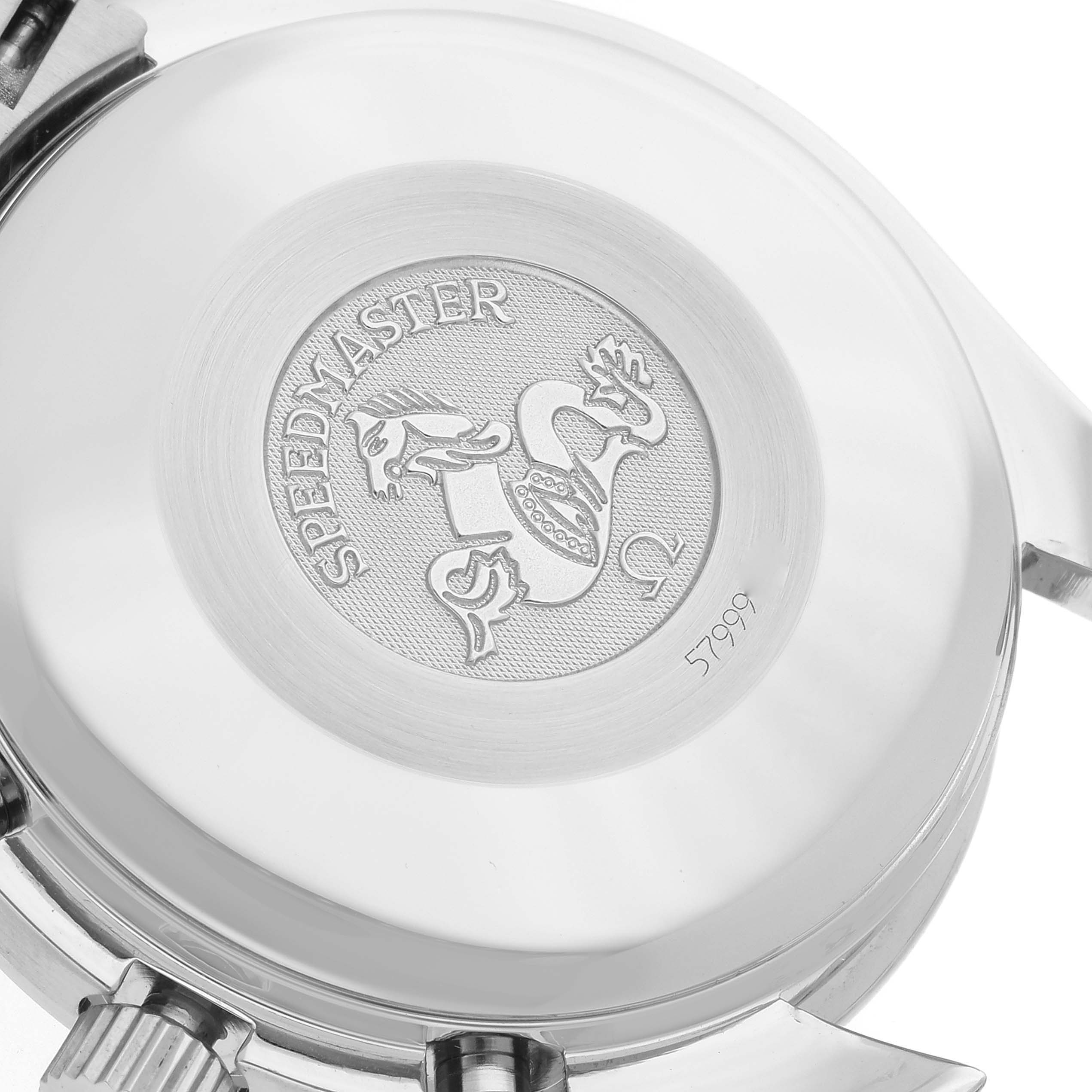 The image shows the back case of an Omega Speedmaster 3513.50.00 Men
s Stainless Steel Black Dial 3513.50.00 Men
s Stainless Steel Black Dial watch, highlighting its emblem and some case details.