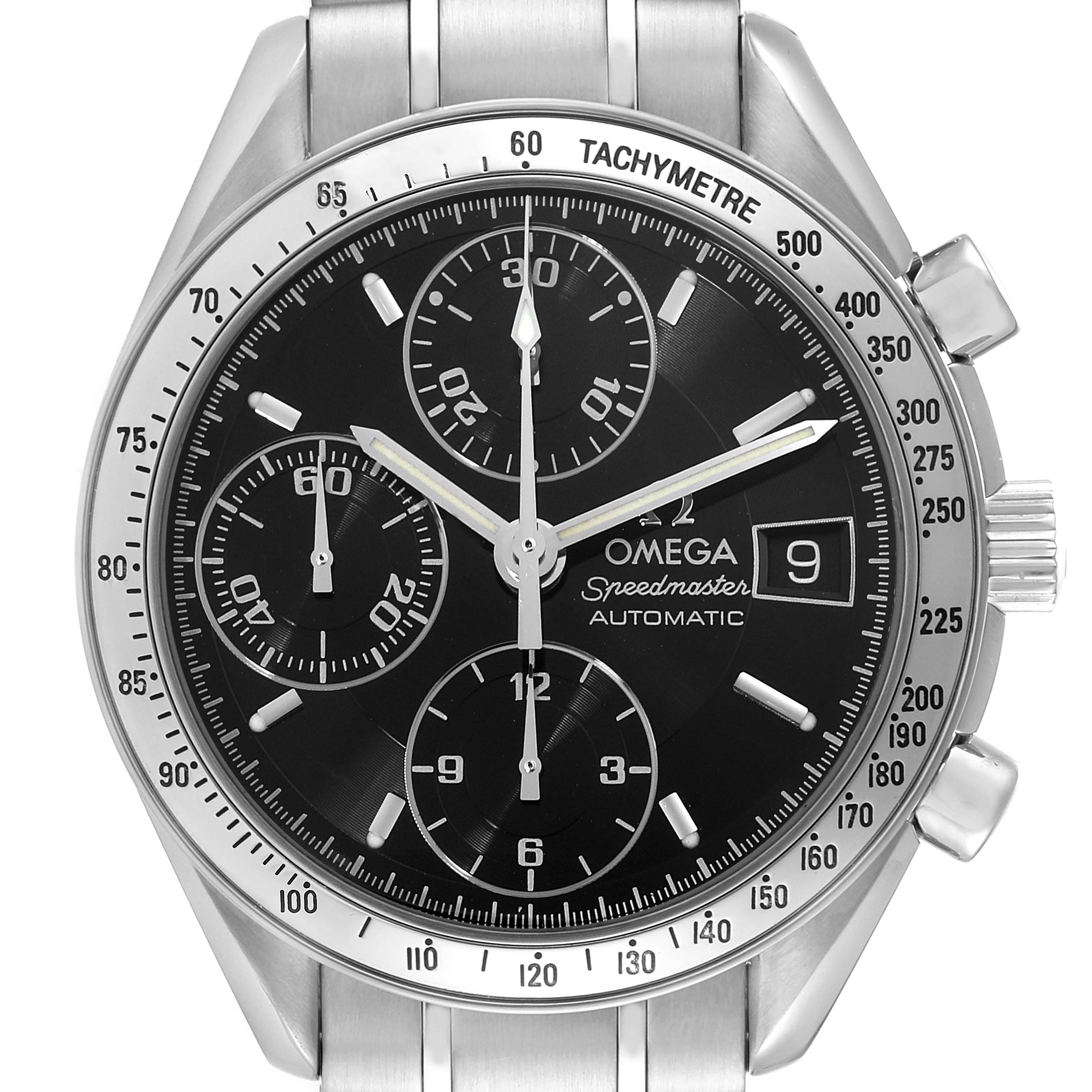 The image shows a frontal view of an Omega Speedmaster 3513.50.00 Men
s Stainless Steel Black Dial 3513.50.00 Men
s Stainless Steel Black Dial watch displaying its dial, tachymeter bezel, and chronograph sub-dials.