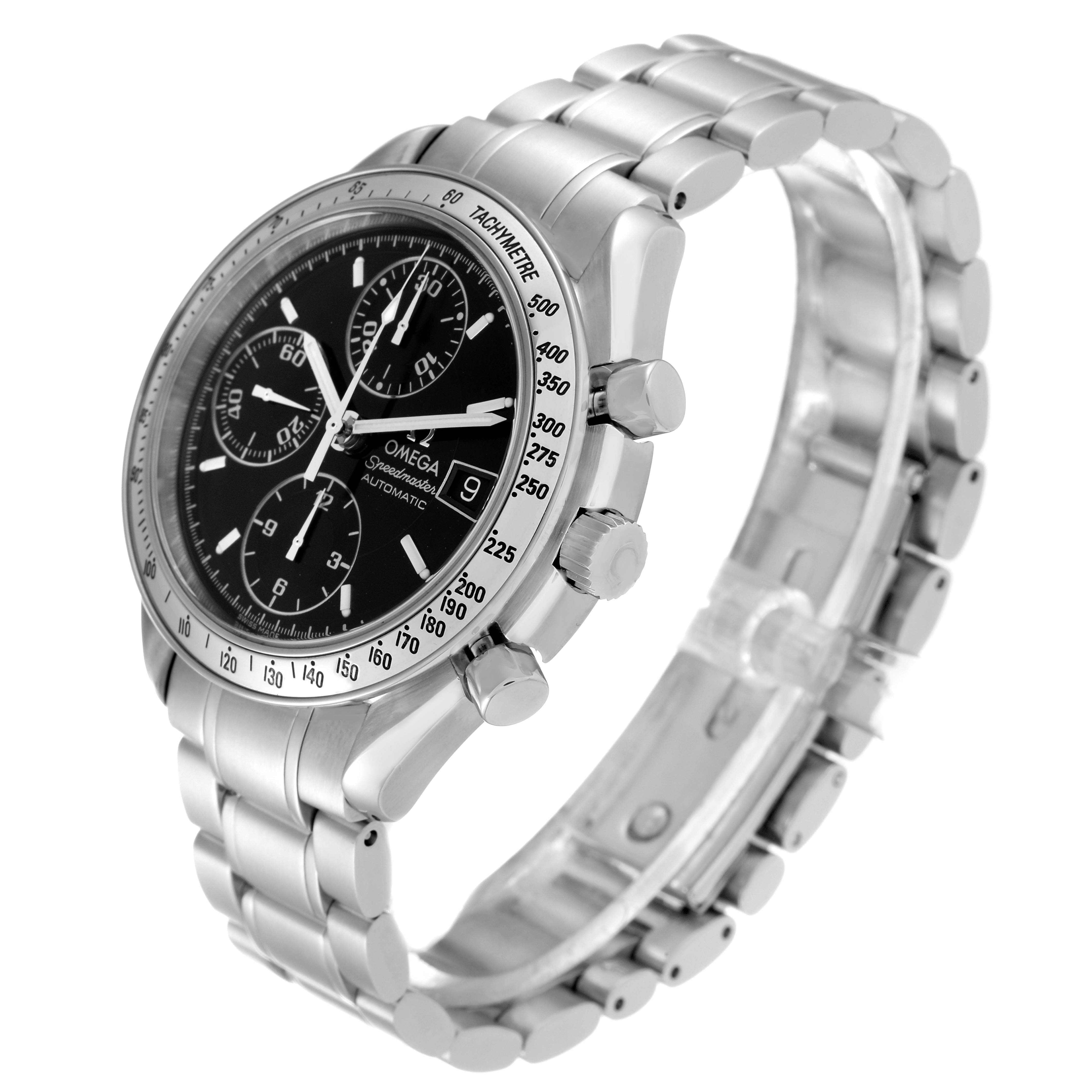 The Omega Speedmaster 3513.50.00 Men
s Stainless Steel Black Dial 3513.50.00 Men
s Stainless Steel Black Dial watch is shown at an angled side view, highlighting the bezel, crown, pushers, bracelet, and dial.