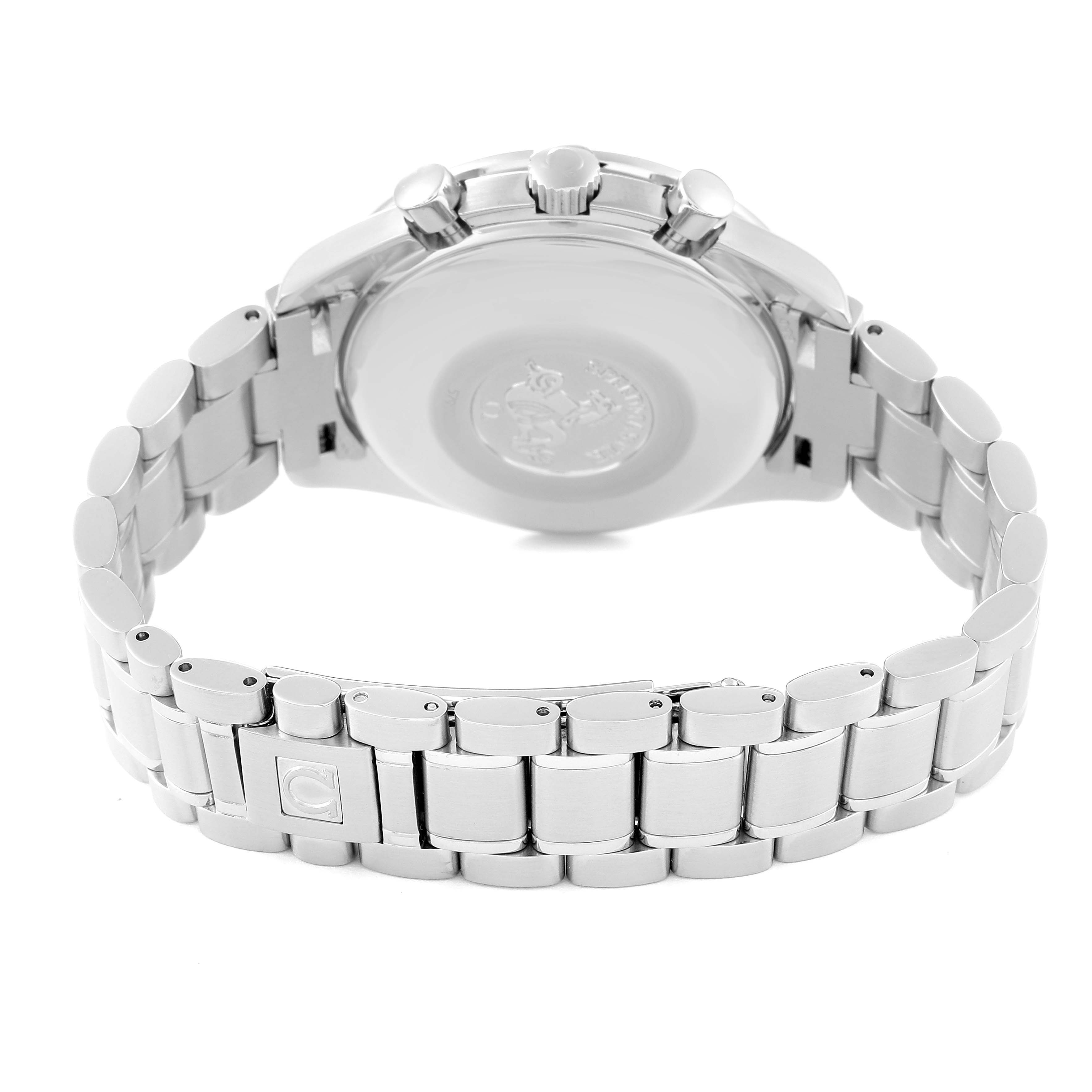 The image shows the back view of an Omega Speedmaster 3513.50.00 Men
s Stainless Steel Black Dial 3513.50.00 Men
s Stainless Steel Black Dial watch, highlighting its clasp and stainless steel bracelet.