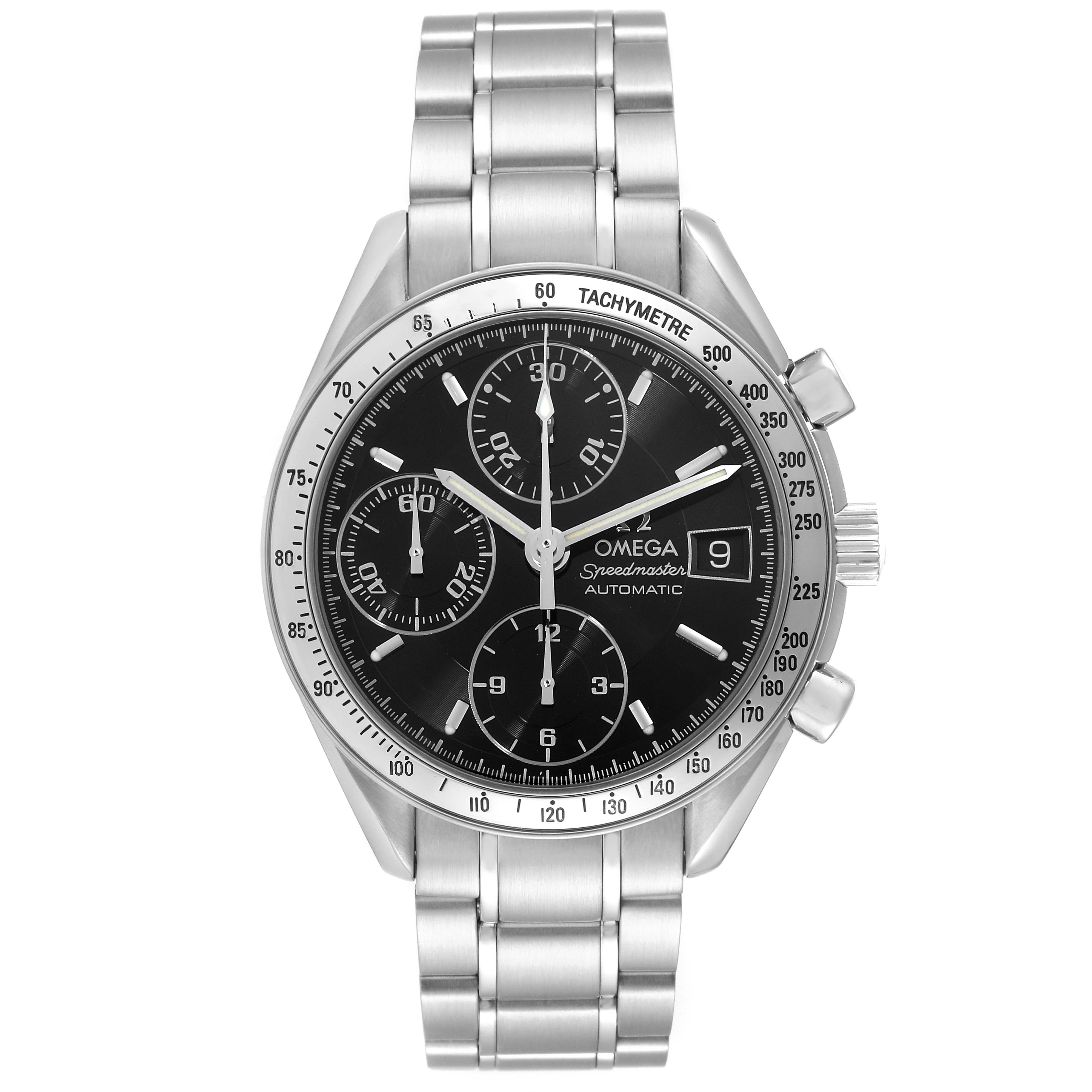 This is a front view of an Omega Speedmaster 3513.50.00 Men
s Stainless Steel Black Dial 3513.50.00 Men
s Stainless Steel Black Dial watch, showing the dial, subdials, hands, pushers, and bracelet.