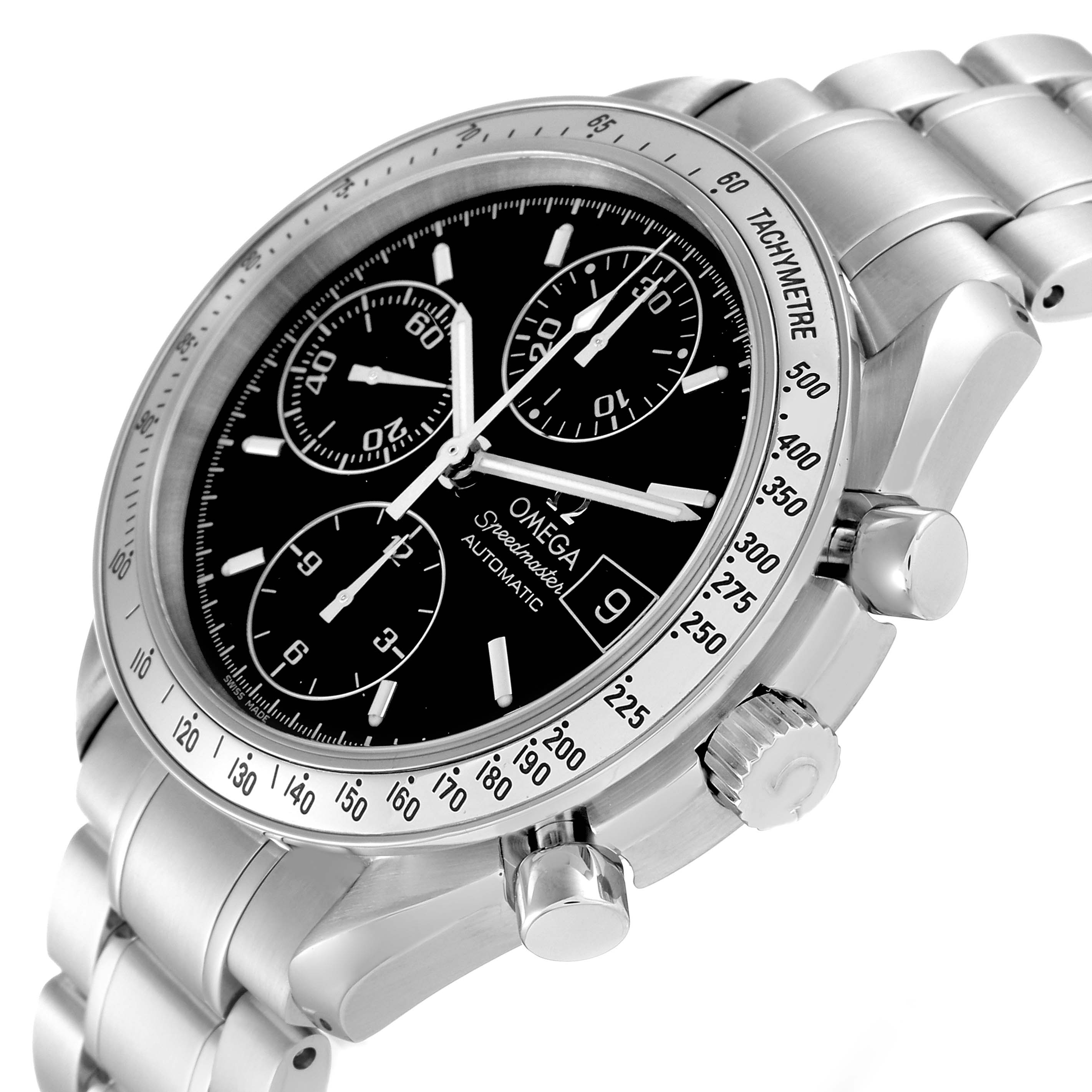 This image shows the dial, bezel, and crown of an Omega Speedmaster 3513.50.00 Men
s Stainless Steel Black Dial 3513.50.00 Men
s Stainless Steel Black Dial watch from a three-quarter angle.