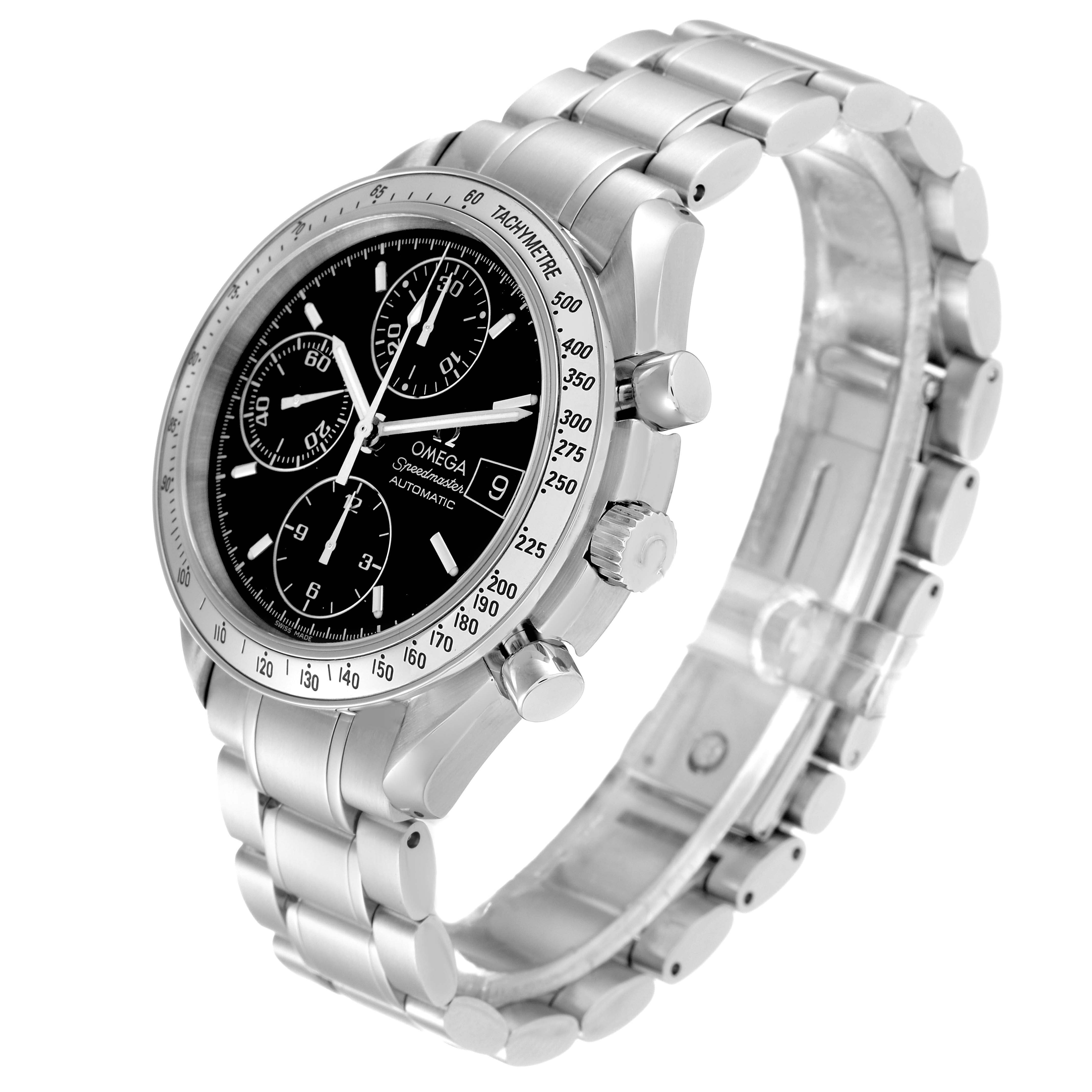 The Omega Speedmaster 3513.50.00 Men
s Stainless Steel Black Dial 3513.50.00 Men
s Stainless Steel Black Dial watch is shown at a front left angle, featuring its face, tachymeter bezel, and stainless steel bracelet.