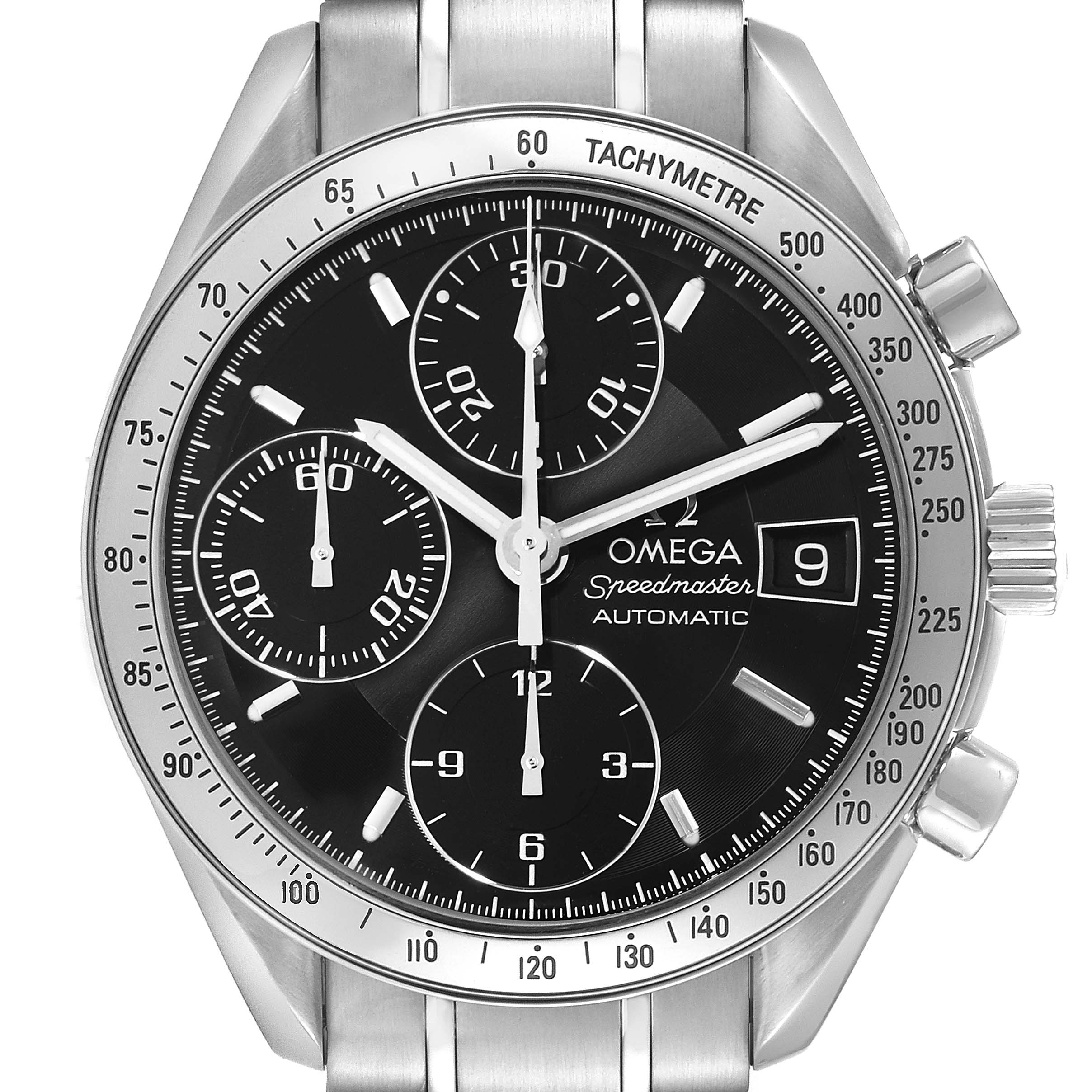 The image shows a frontal view of an Omega Speedmaster 3513.50.00 Men
s Stainless Steel Black Dial 3513.50.00 Men
s Stainless Steel Black Dial watch, highlighting its dial, subdials, and bezel.