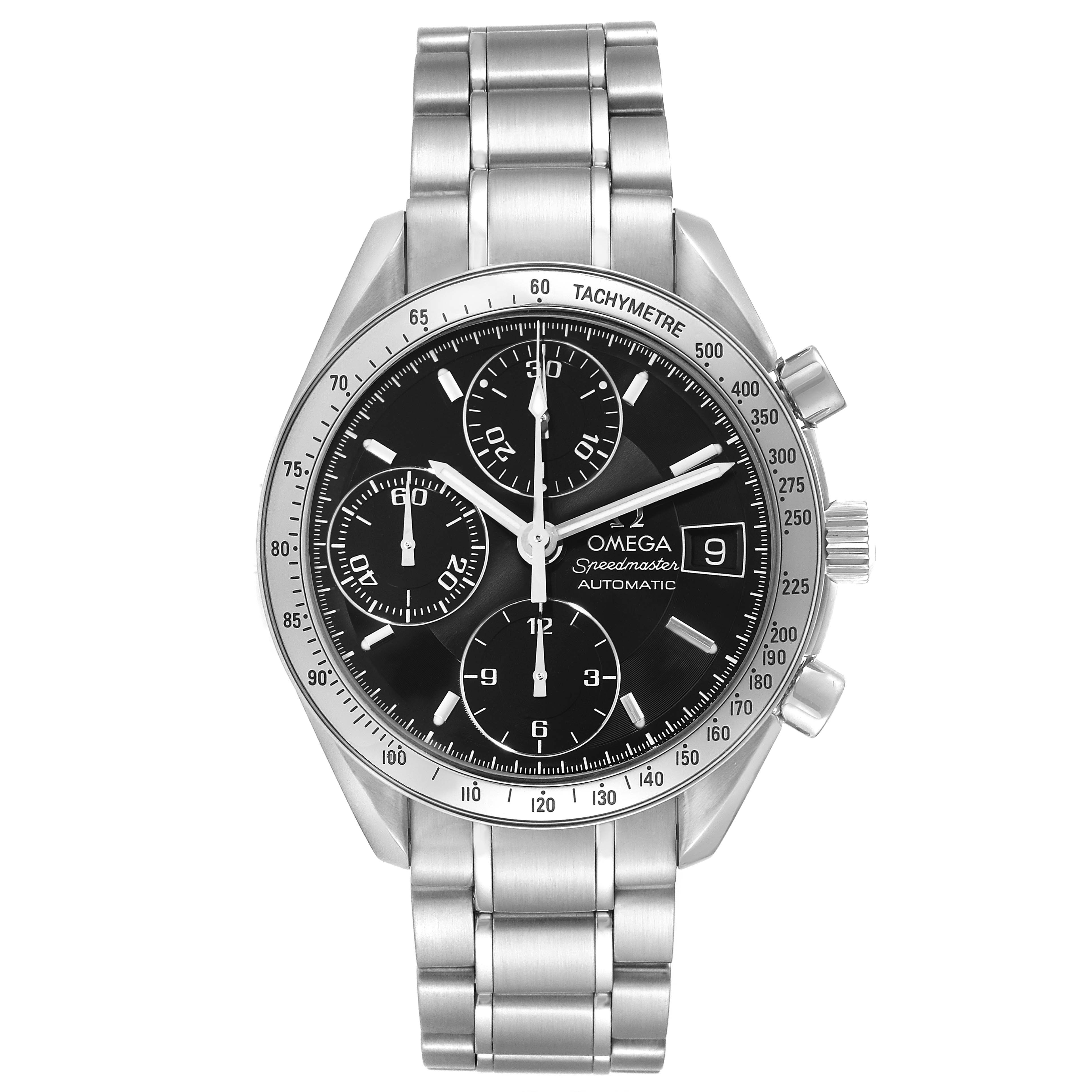 The image shows a front view of an Omega Speedmaster 3513.50.00 Men
s Stainless Steel Black Dial 3513.50.00 Men
s Stainless Steel Black Dial watch, showcasing its face, bezel, pushers, and bracelet.