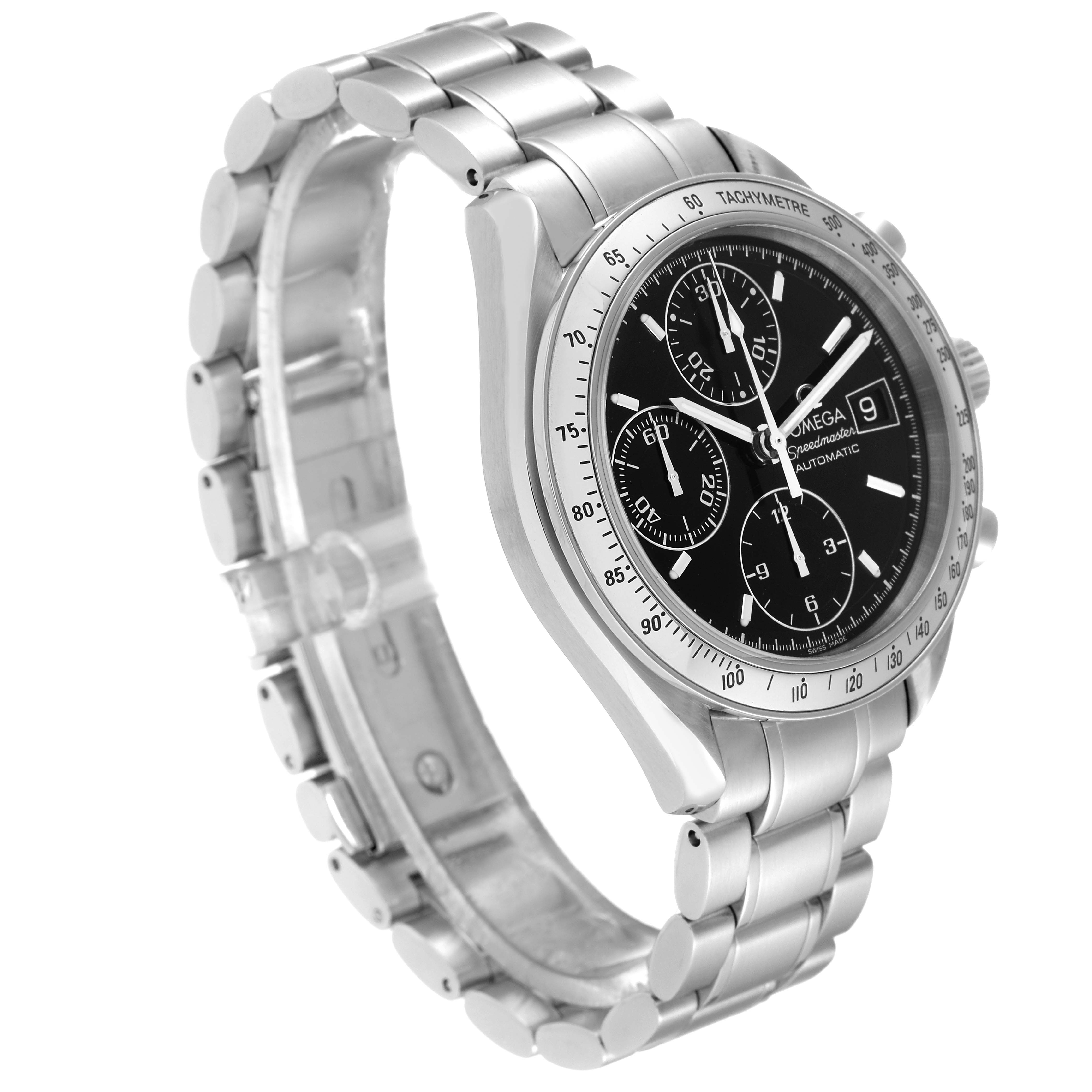 This image shows a side angle of an Omega Speedmaster 3513.50.00 Men
s Stainless Steel Black Dial 3513.50.00 Men
s Stainless Steel Black Dial watch, highlighting its stainless steel bracelet, case, and black dial.