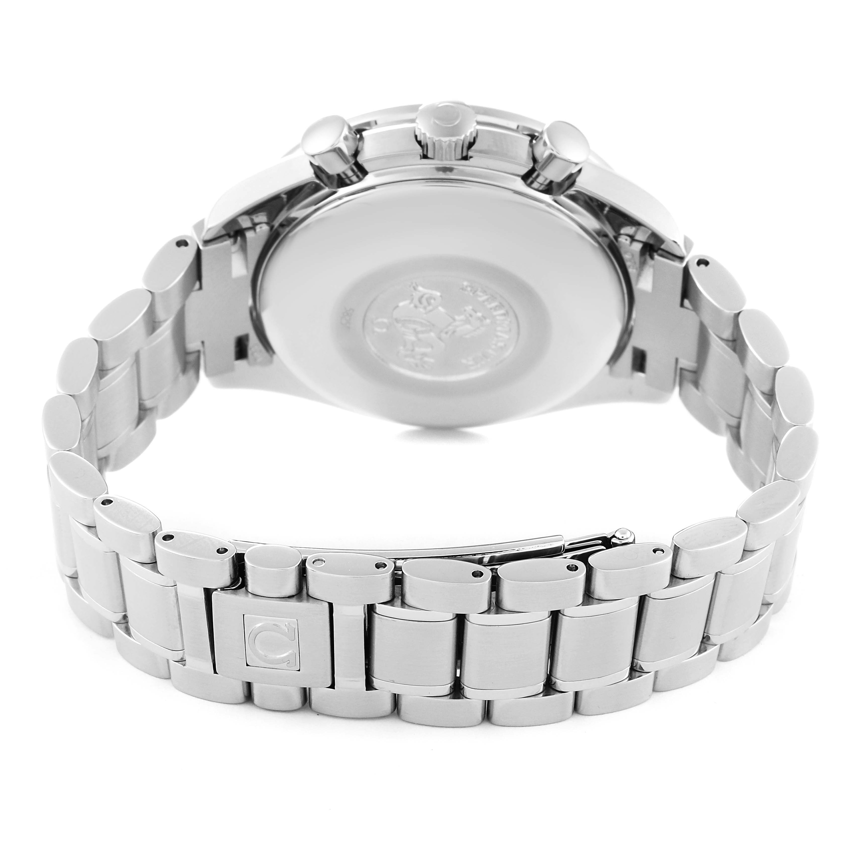 The image shows the rear view of an Omega Speedmaster 3513.50.00 Men
s Stainless Steel Black Dial 3513.50.00 Men
s Stainless Steel Black Dial watch, highlighting the case back and stainless steel bracelet.