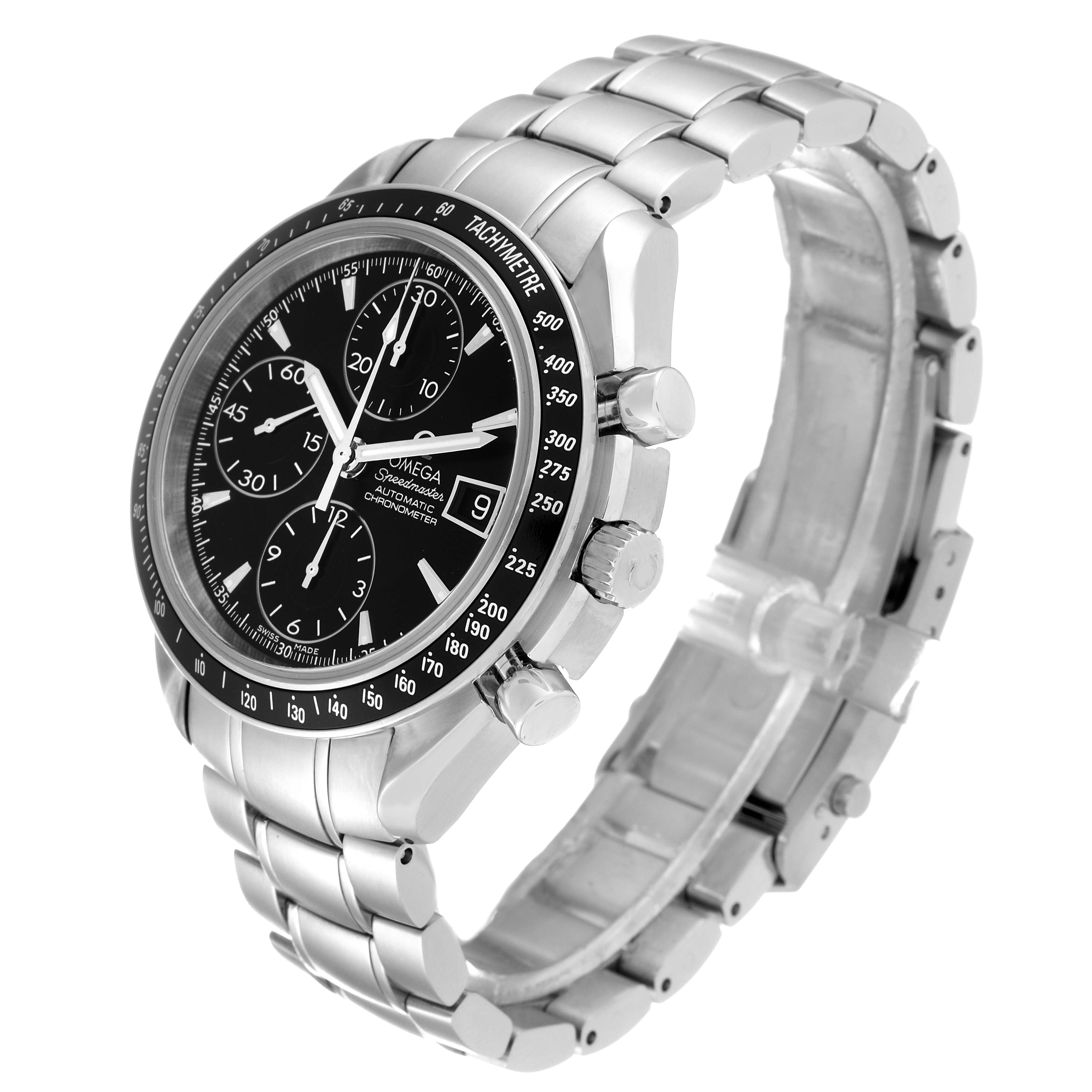 This image shows a silver Omega Speedmaster 3210.50.00 Men
s Stainless Steel Black Dial 3210.50.00 Men
s Stainless Steel Black Dial watch at a three-quarter angle highlighting the dial, bezel, and bracelet.