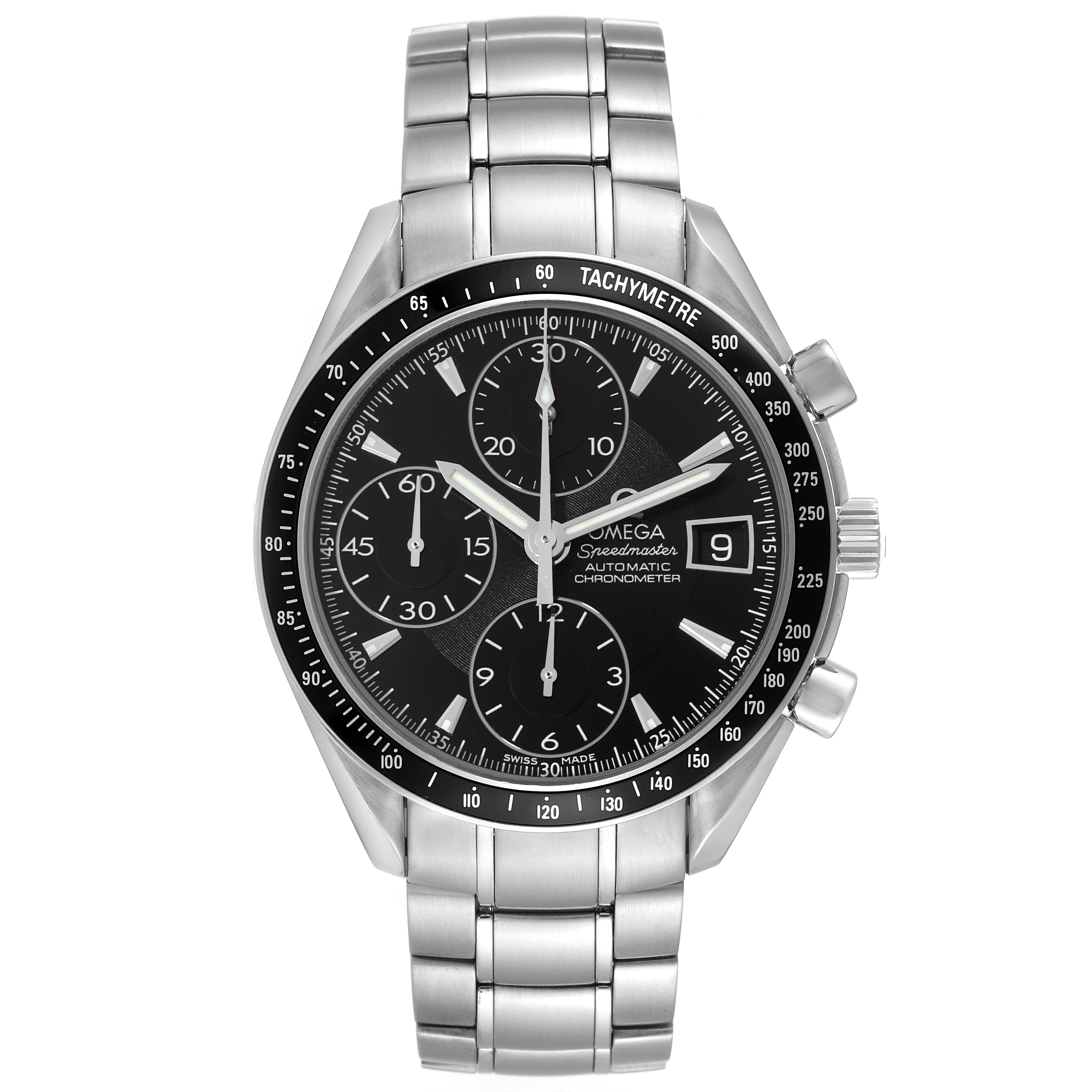 This image shows a front view of an Omega Speedmaster 3210.50.00 Men
s Stainless Steel Black Dial 3210.50.00 Men
s Stainless Steel Black Dial watch, displaying the face, bracelet, and pushers.