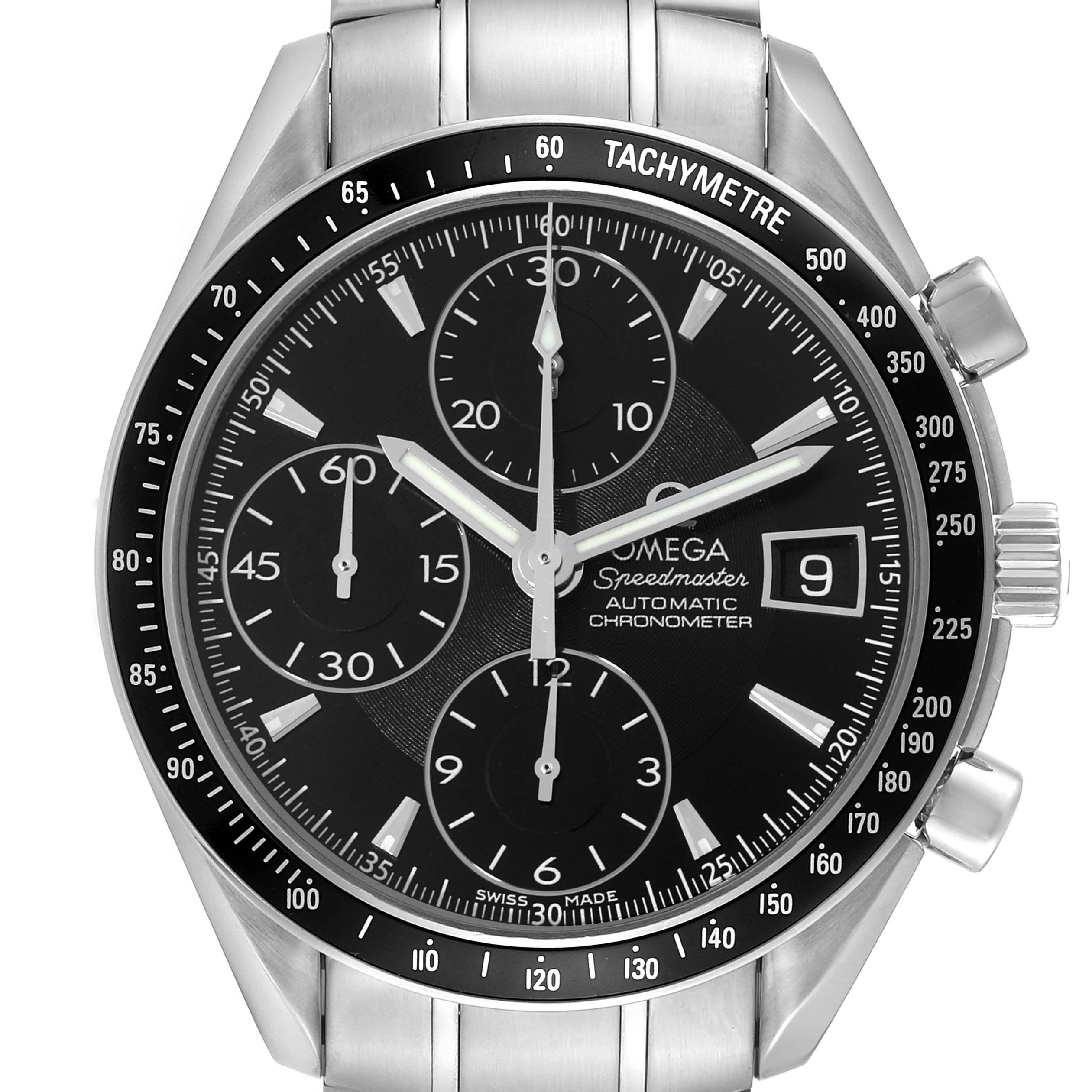 This is a frontal view of the Omega Speedmaster 3210.50.00 Men
s Stainless Steel Black Dial 3210.50.00 Men
s Stainless Steel Black Dial watch, showing its dial, subdials, bezel, and bracelet.